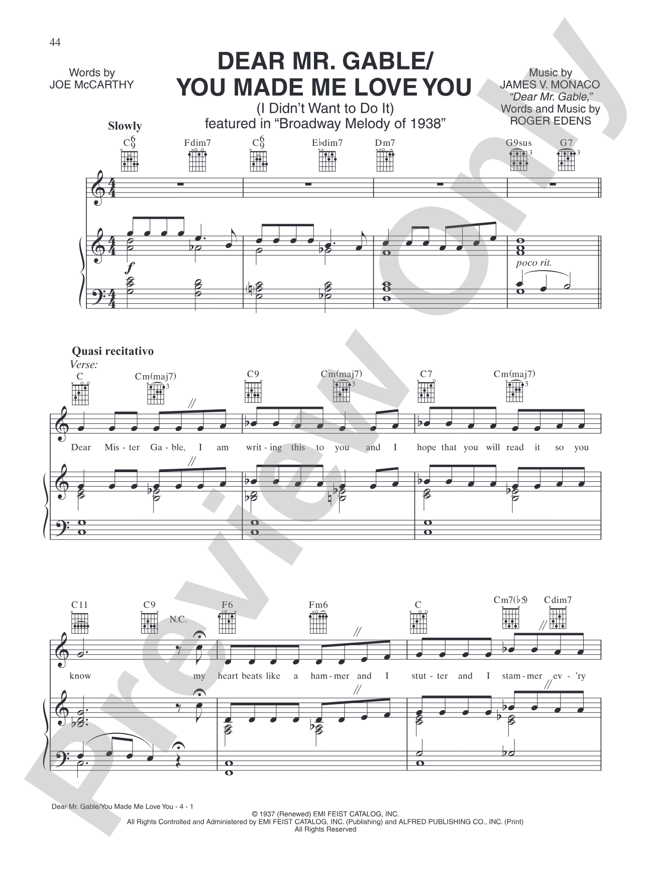 Dear Mr. Gable/You Made Me Love You (from "Broadway Melody of 1938"): Piano/Vocal/Chords