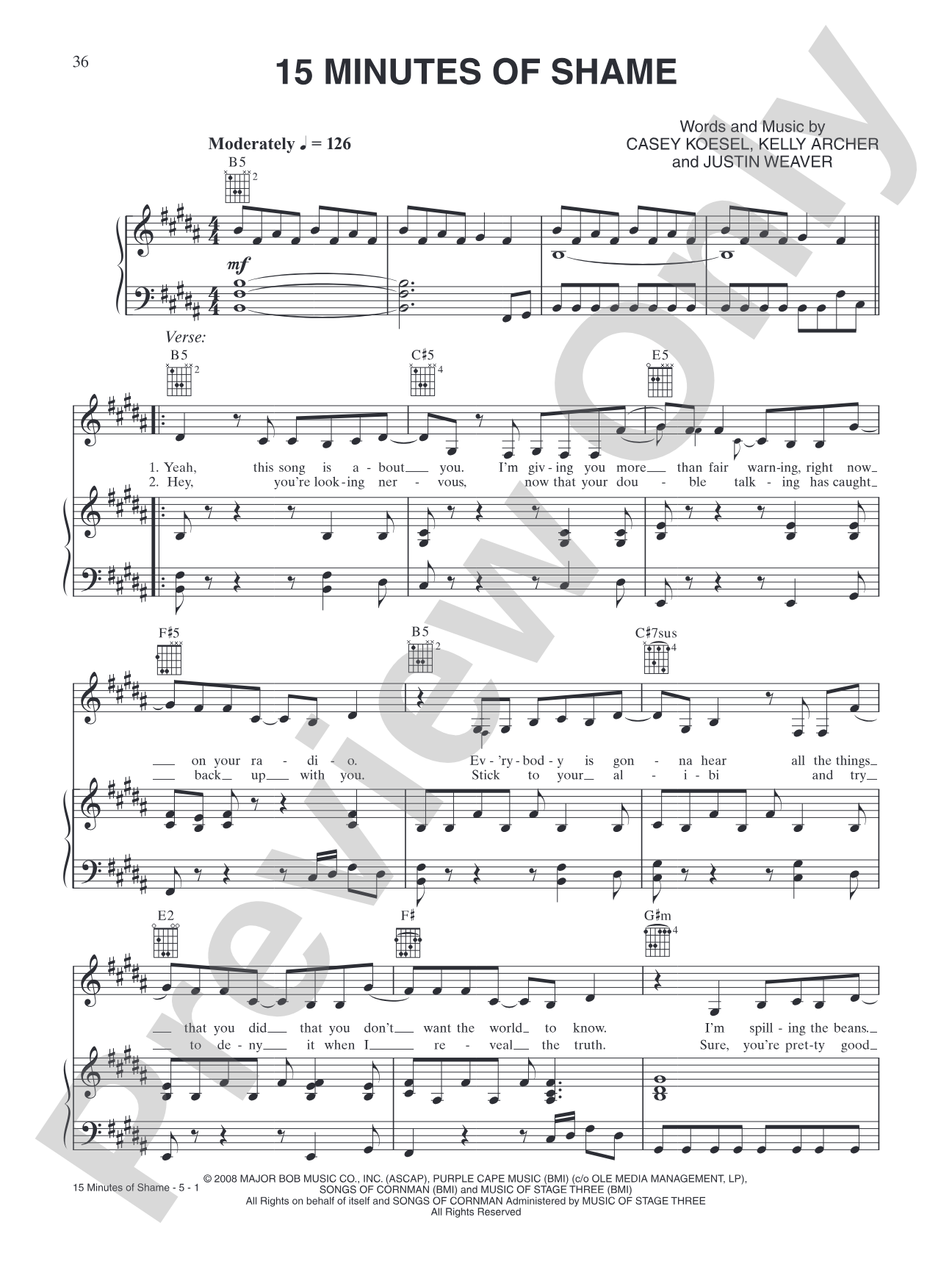 15 Minutes of Shame: Piano/Vocal/Chords