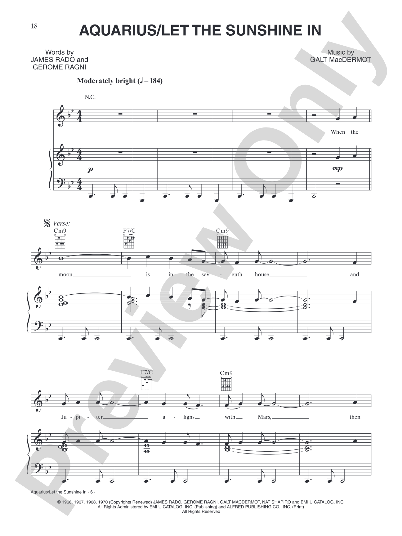 Aquarius/Let the Sunshine In (from "Hair"): Piano/Vocal/Chords