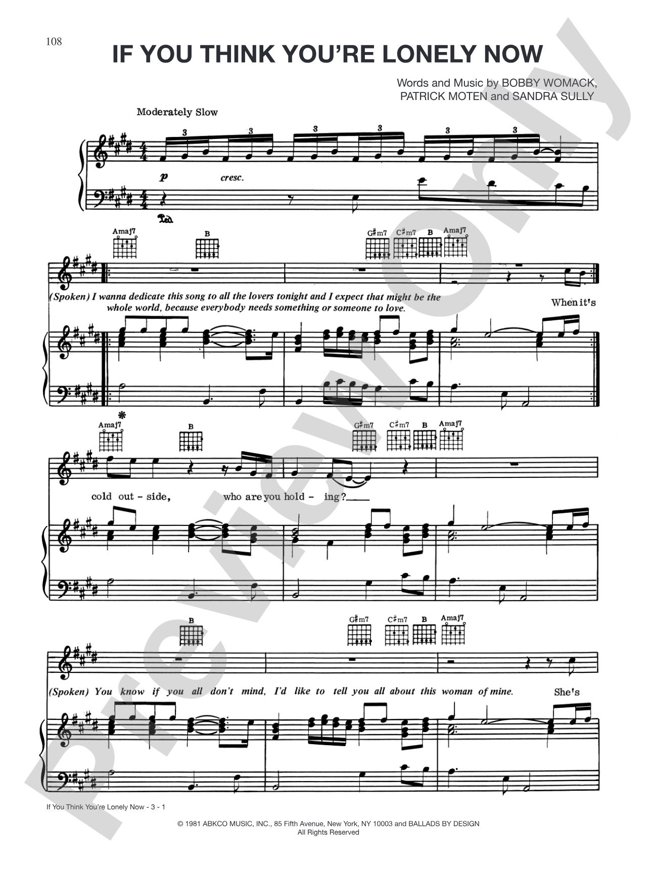 If You Think You're Lonely Now: Piano/Vocal/Chords