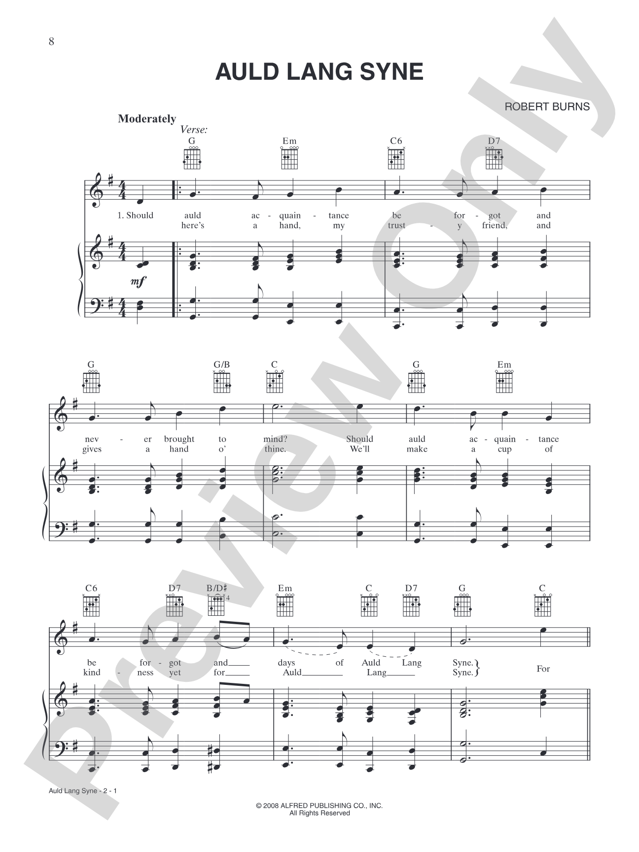 Auld Lang Syne: Piano/Vocal/Chords