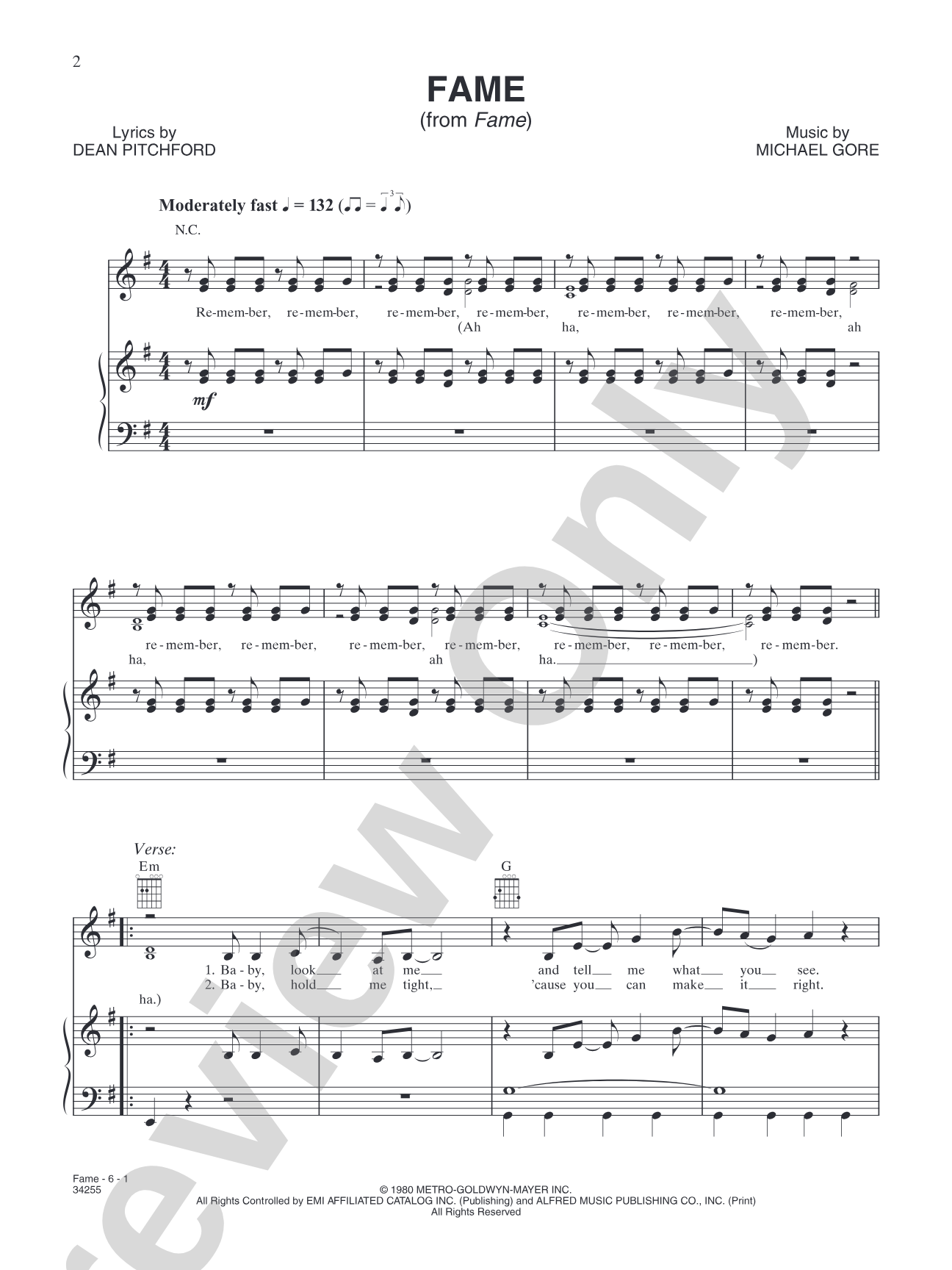 Fame (from the 2009 movie "Fame"): Piano/Vocal/Chords