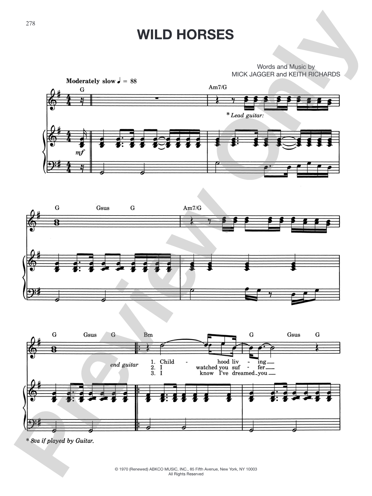 Wild Horses: Piano/Vocal/Chords
