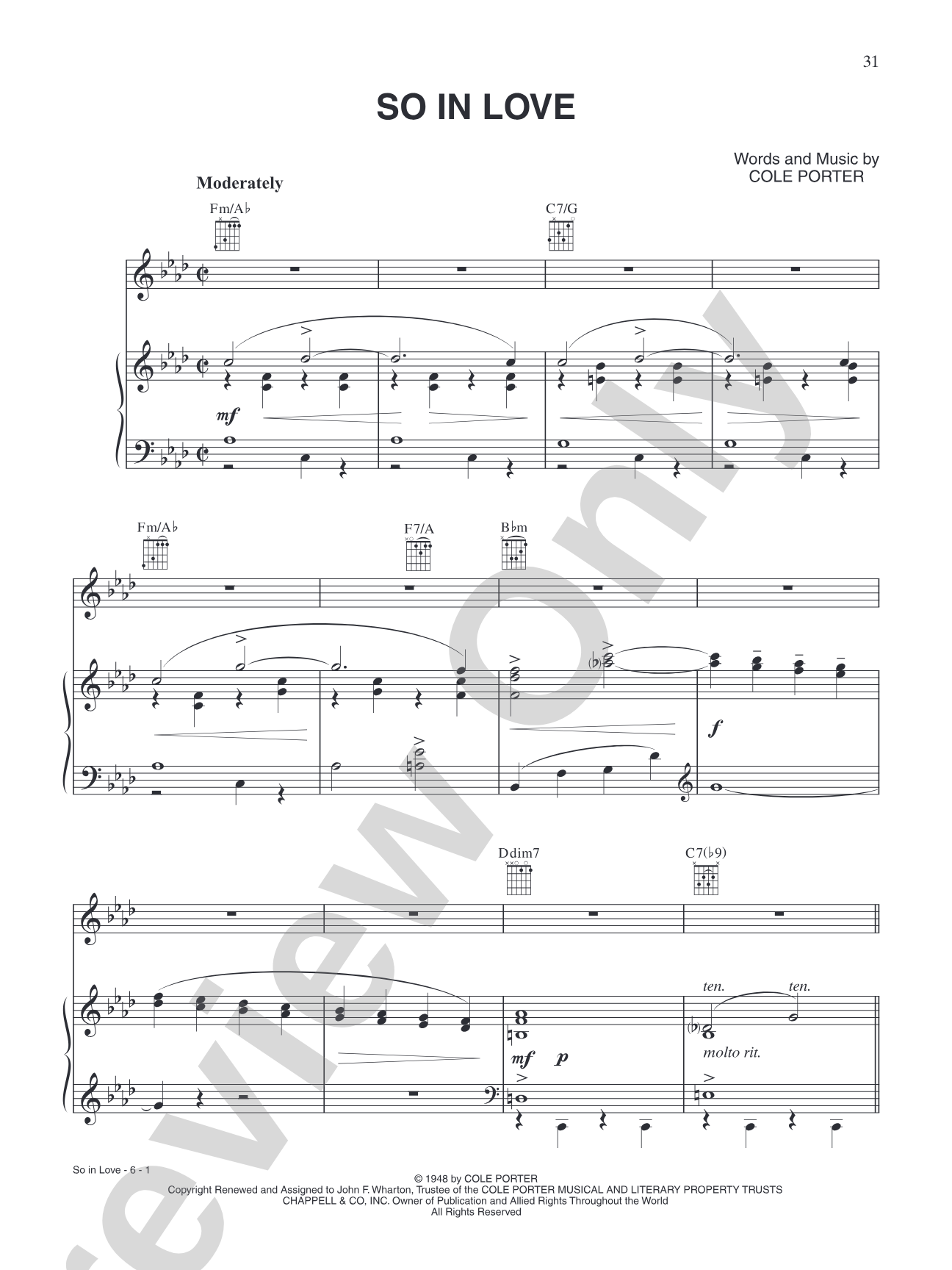 So In Love: Piano/Vocal/Chords