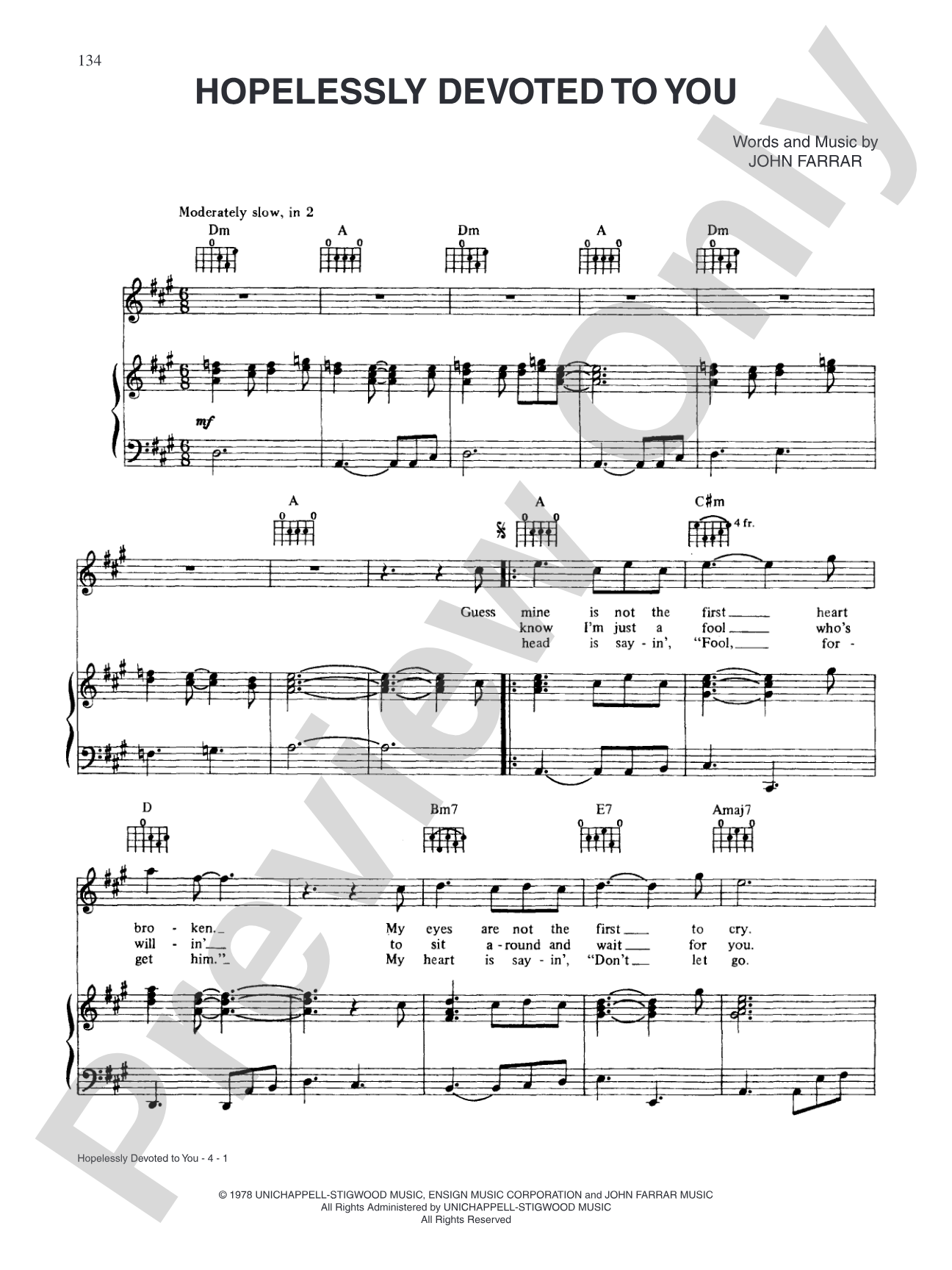 Hopelessly Devoted to You: Piano/Vocal/Chords