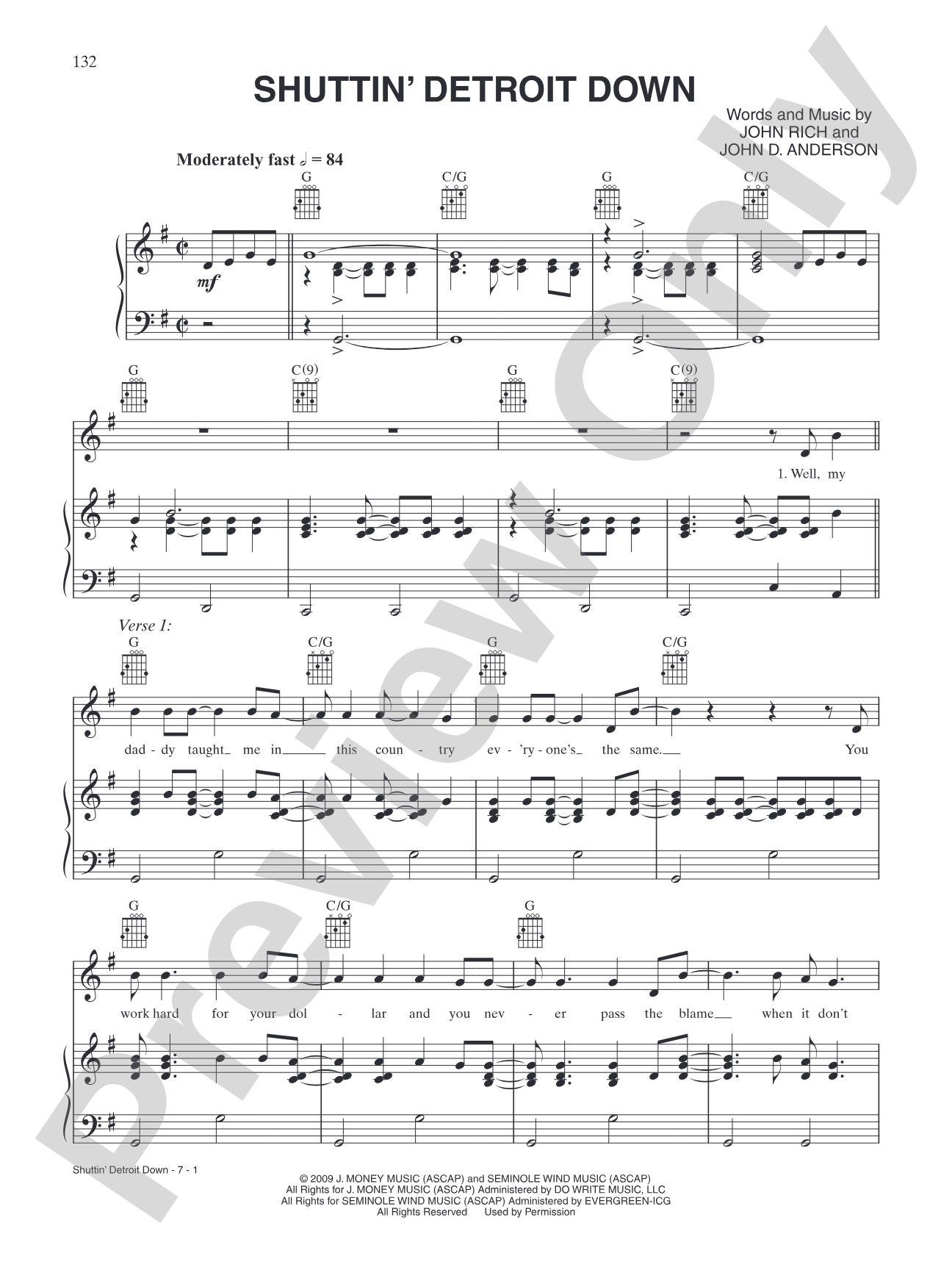 Shuttin' Detroit Down: Piano/Vocal/Chords