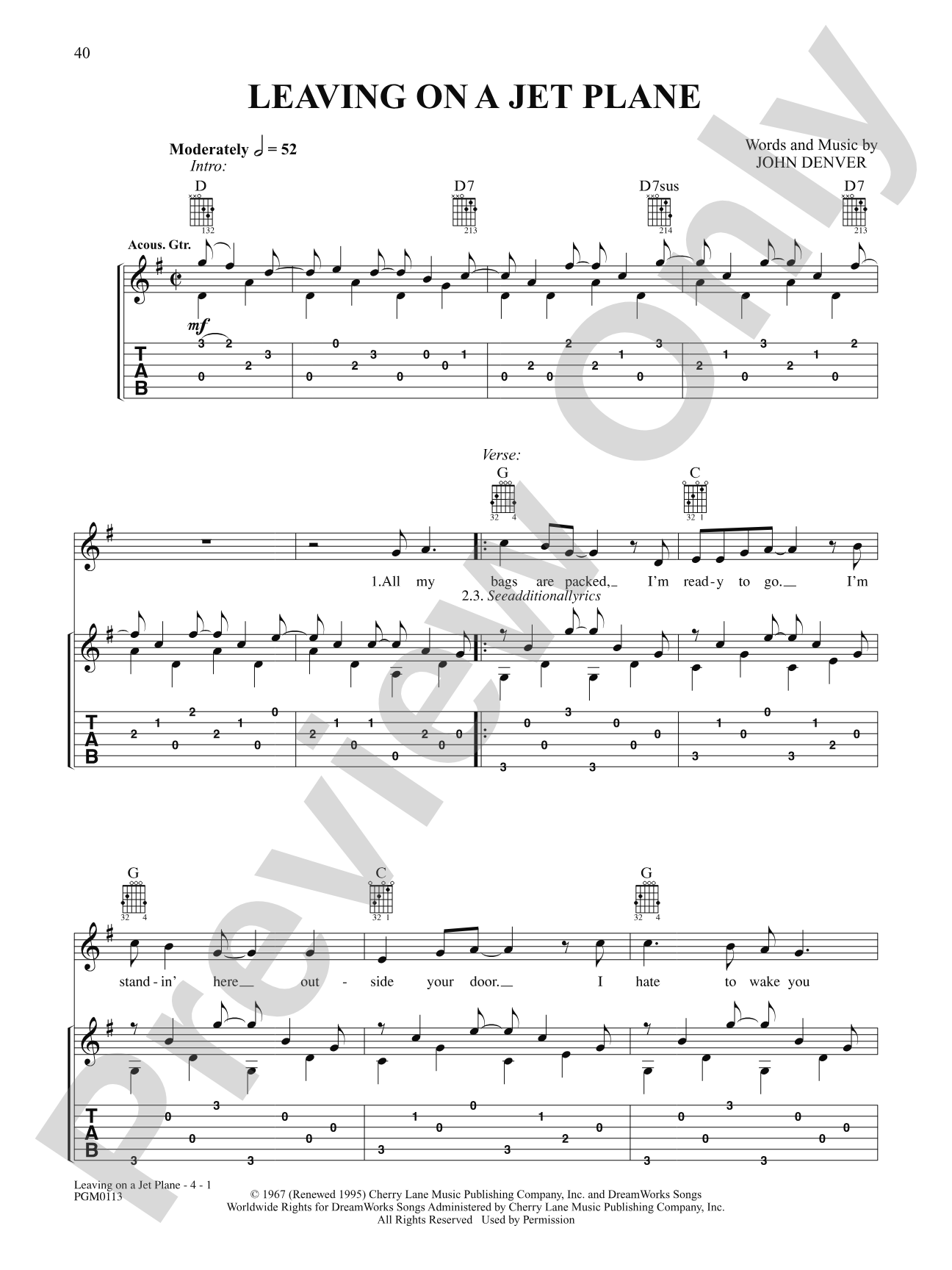 Leaving on a Jet Plane: Interm./Easy Guitar TAB