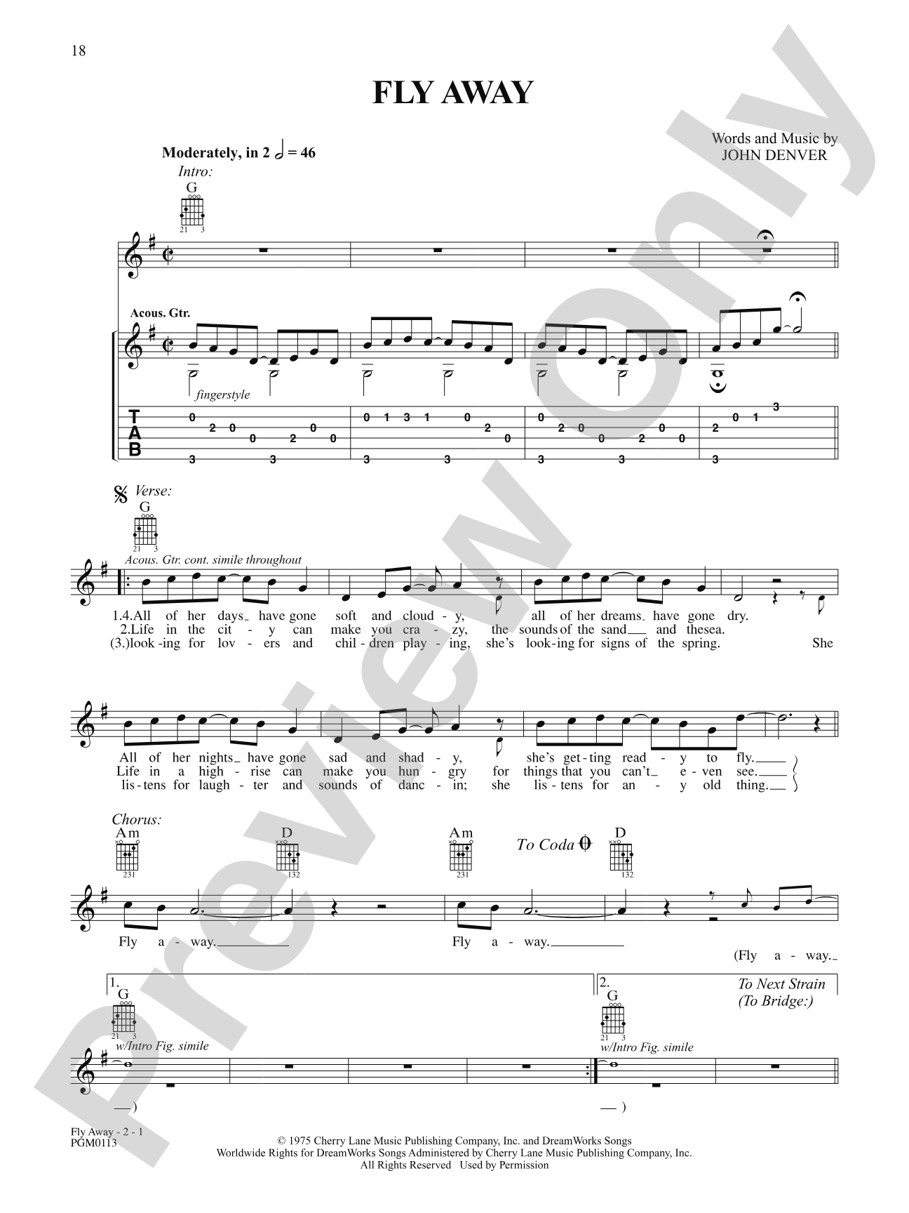 Fly Away: Interm./Easy Guitar TAB