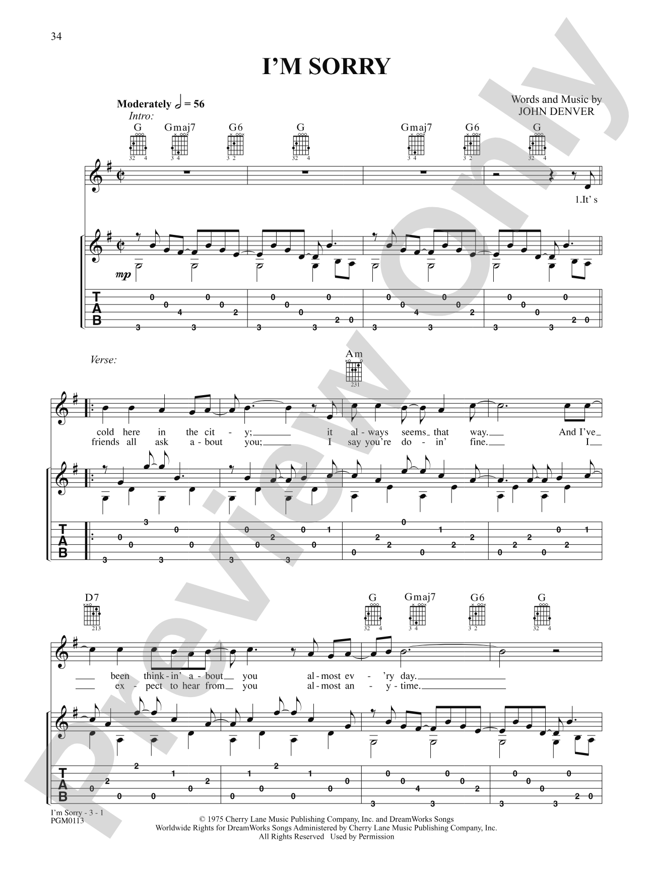 I'm Sorry: Interm./Easy Guitar TAB