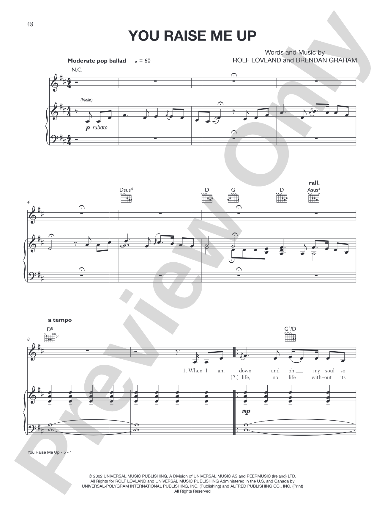 You Raise Me Up: Piano/Vocal/Chords