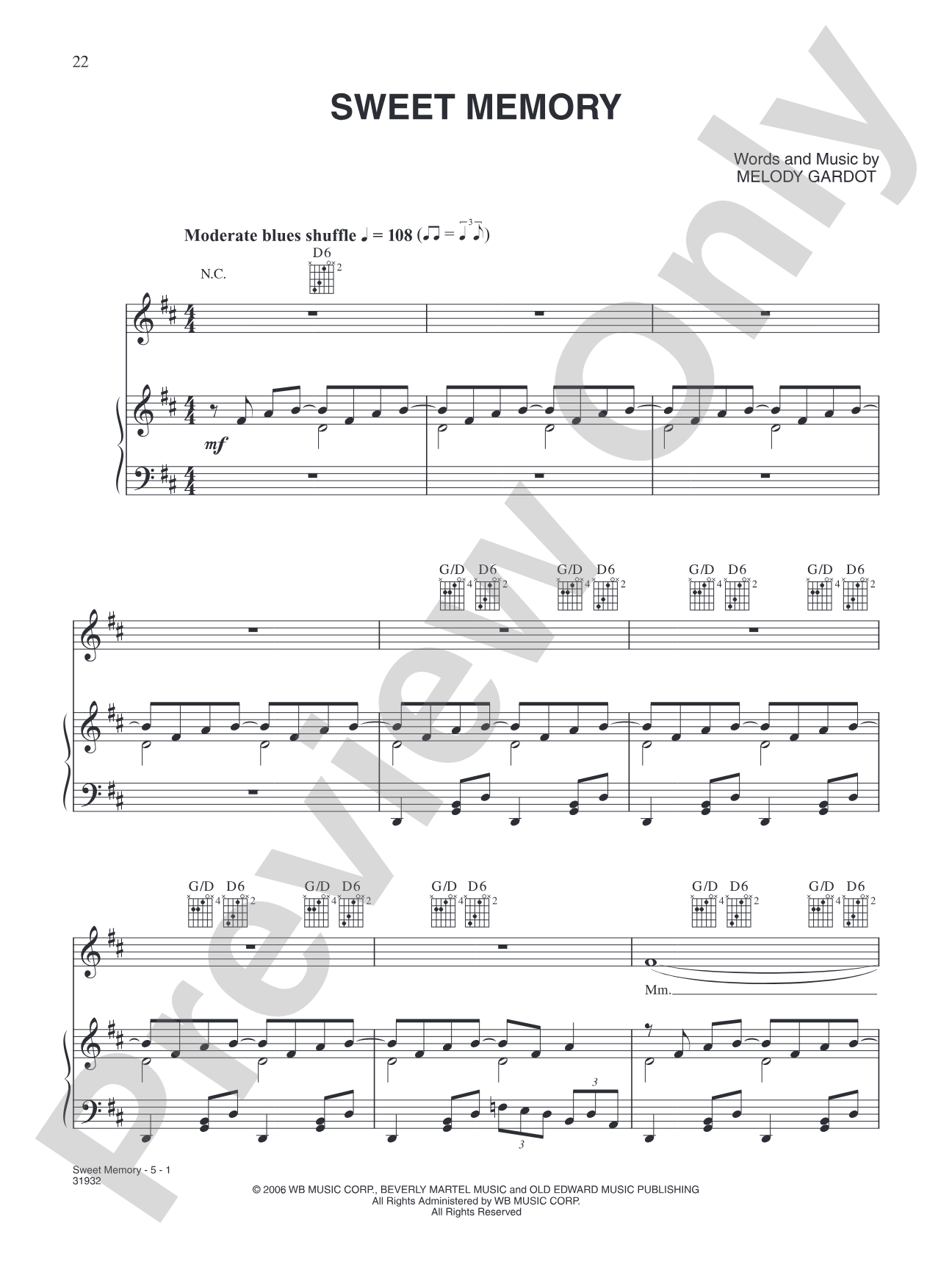 Sweet Memory: Piano/Vocal/Chords
