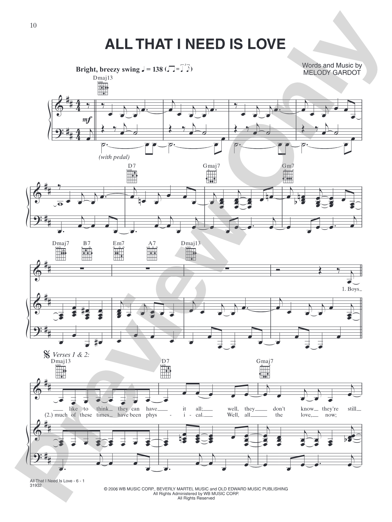 All That I Need is Love: Piano/Vocal/Chords