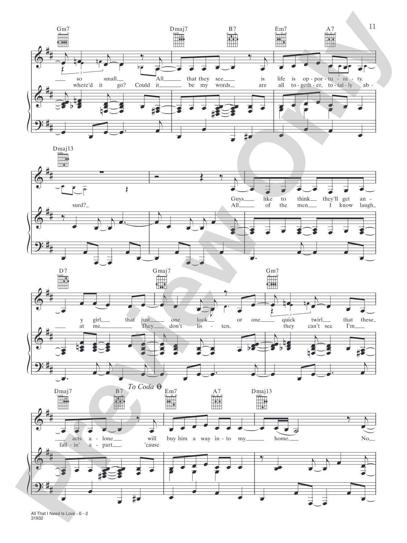 All That I Need is Love: Piano/Vocal/Chords