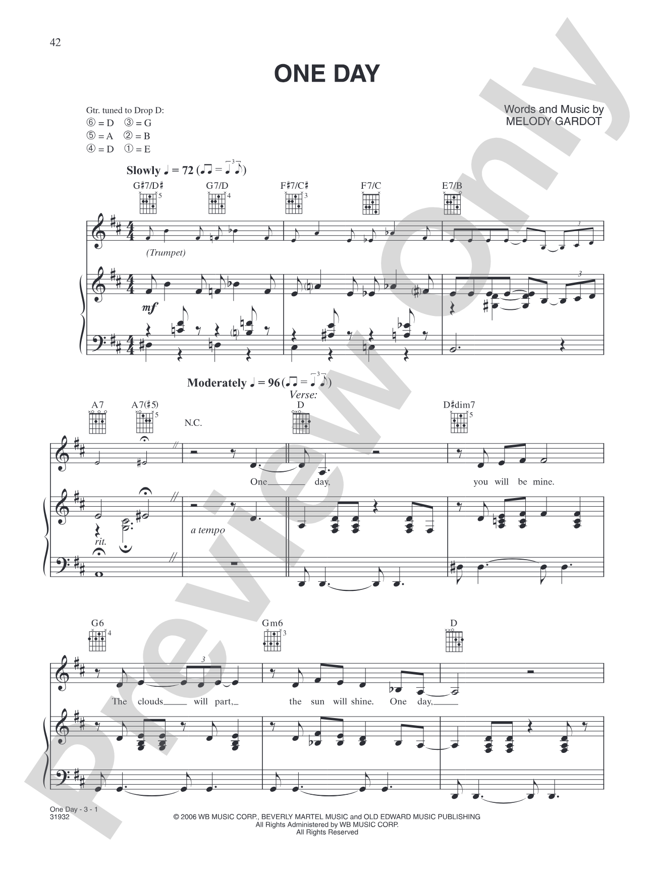 One Day: Piano/Vocal/Chords