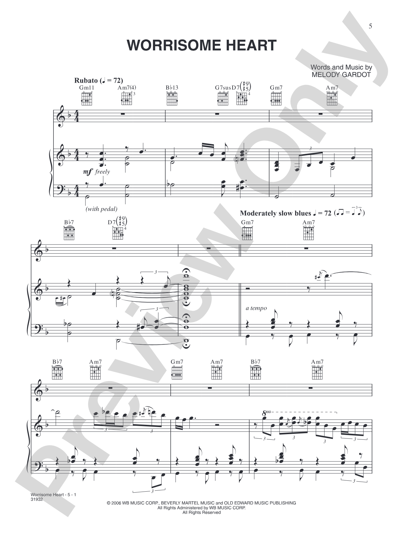 Worrisome Heart: Piano/Vocal/Chords