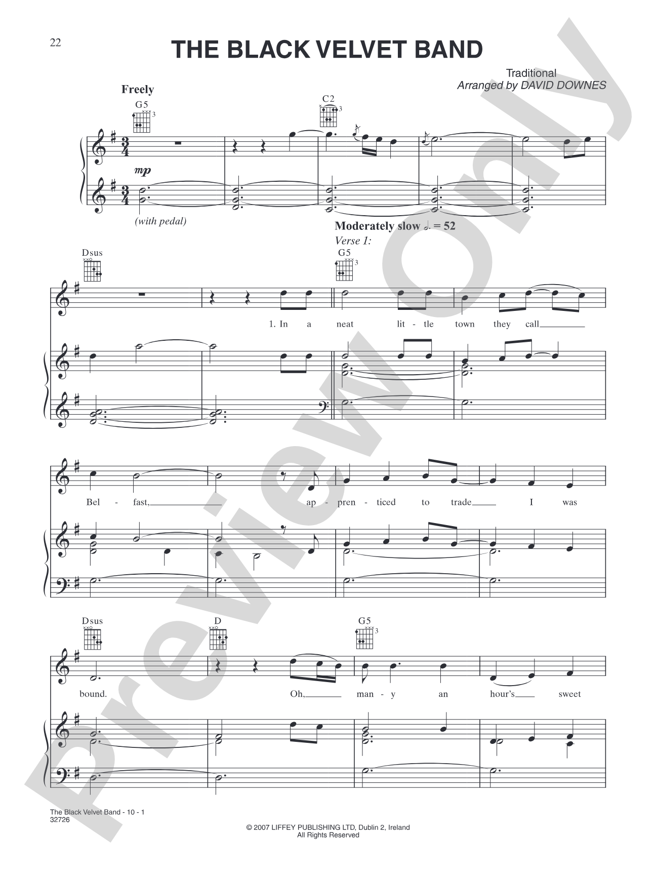 The Black Velvet Band: Piano/Vocal/Chords