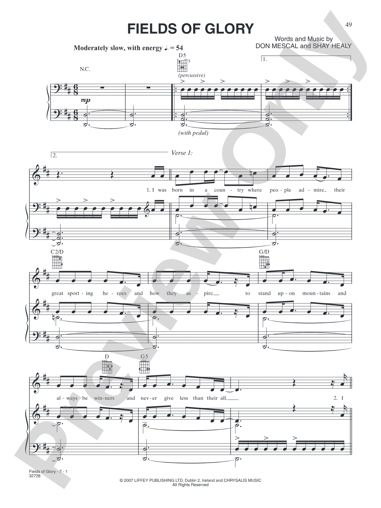 Fields of Glory: Piano/Vocal/Chords