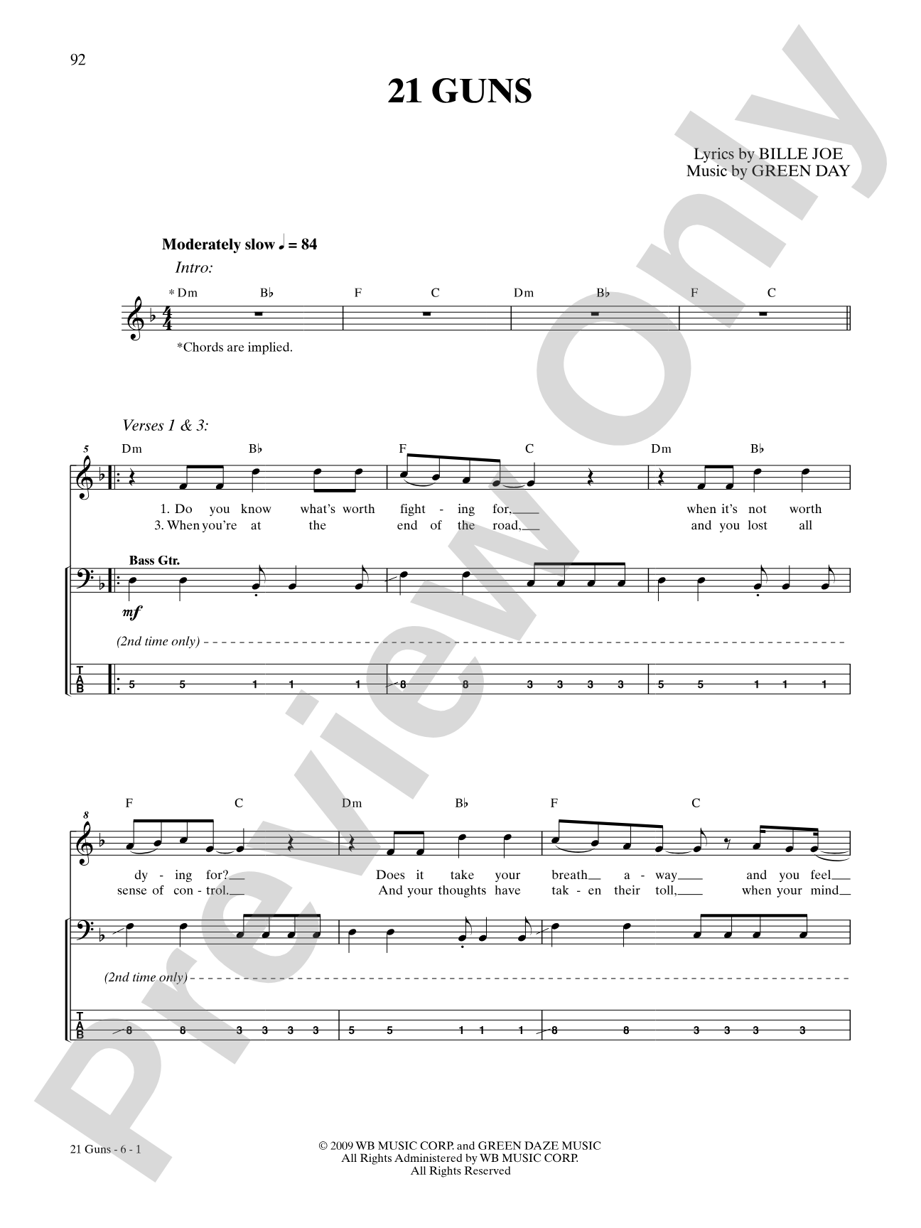 21 Guns: Bass TAB