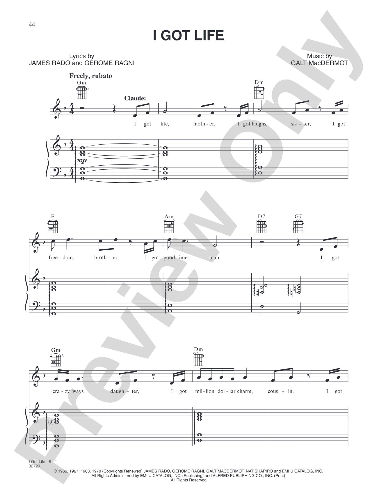 I Got Life (from "Hair"): Piano/Vocal/Chords