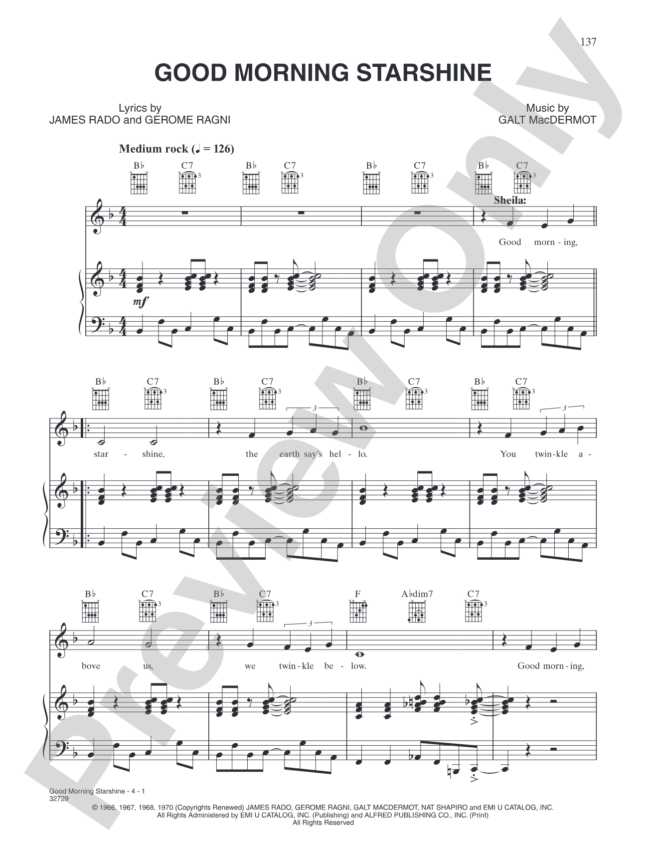 Good Morning Starshine (from "Hair"): Piano/Vocal/Chords