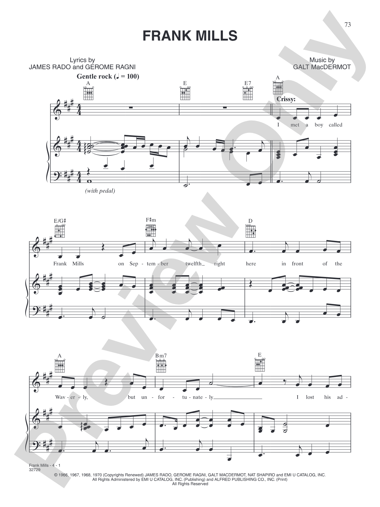 Frank Mills (from "Hair"): Piano/Vocal/Chords