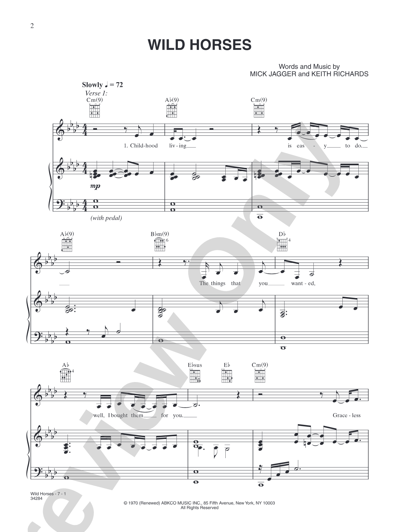 Wild Horses: Piano/Vocal/Chords