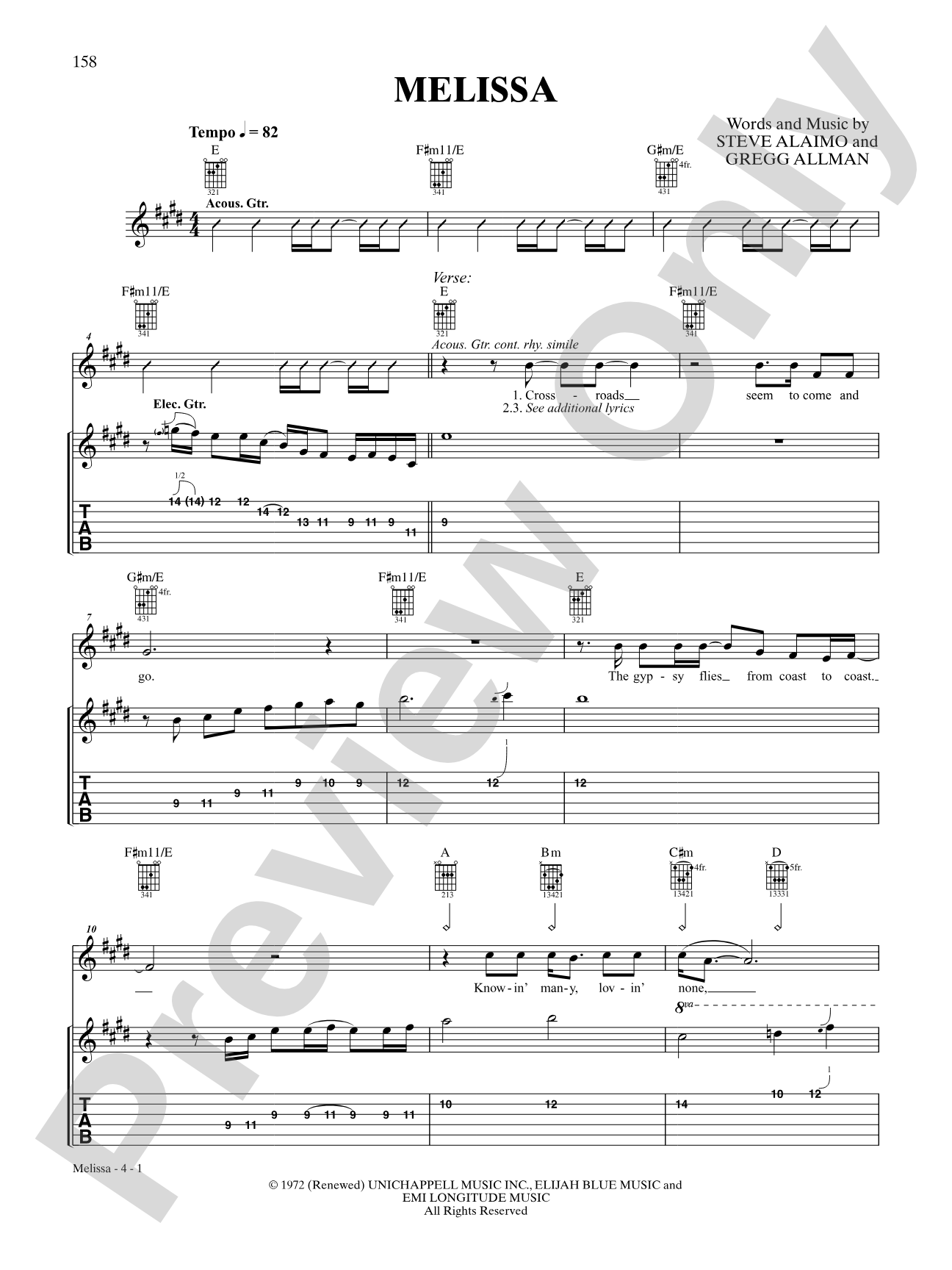 Melissa: Interm./Easy Guitar TAB