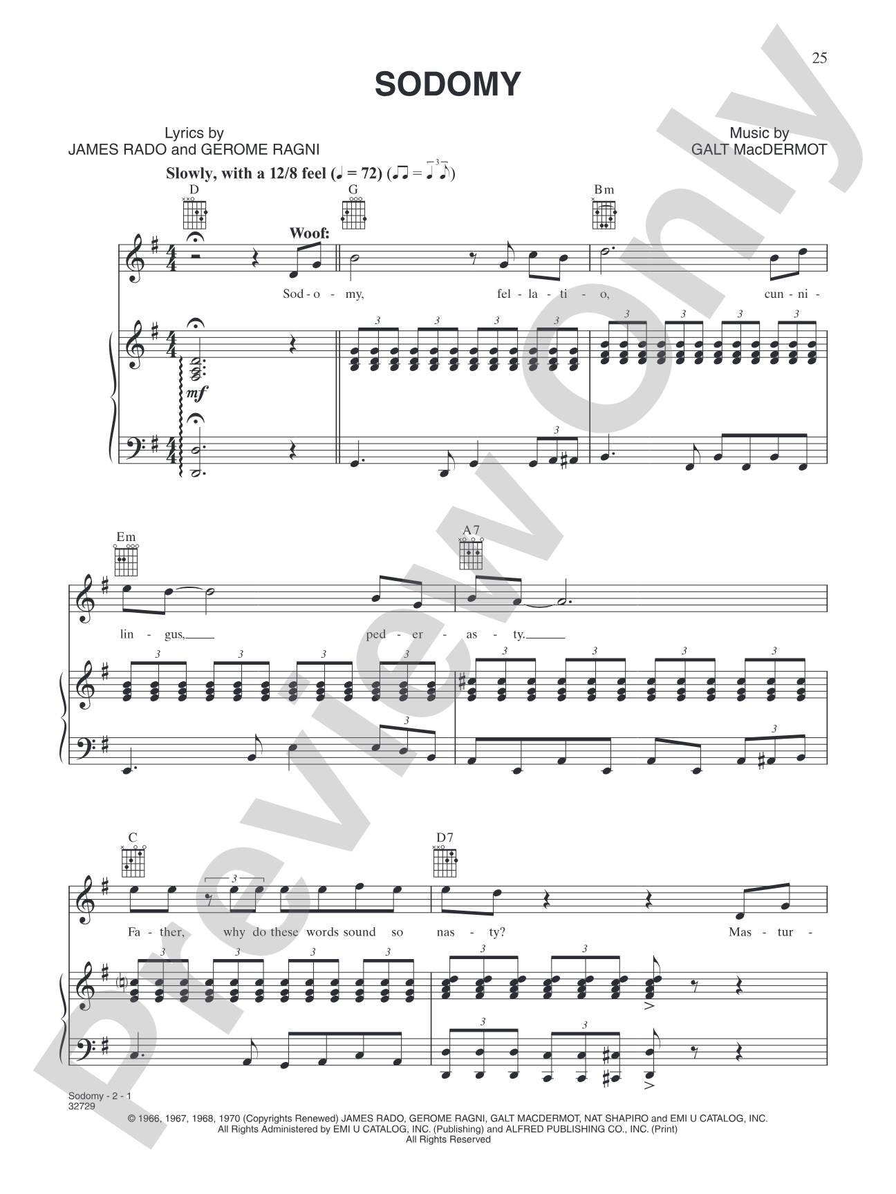 Sodomy (from "Hair"): Piano/Vocal/Chords