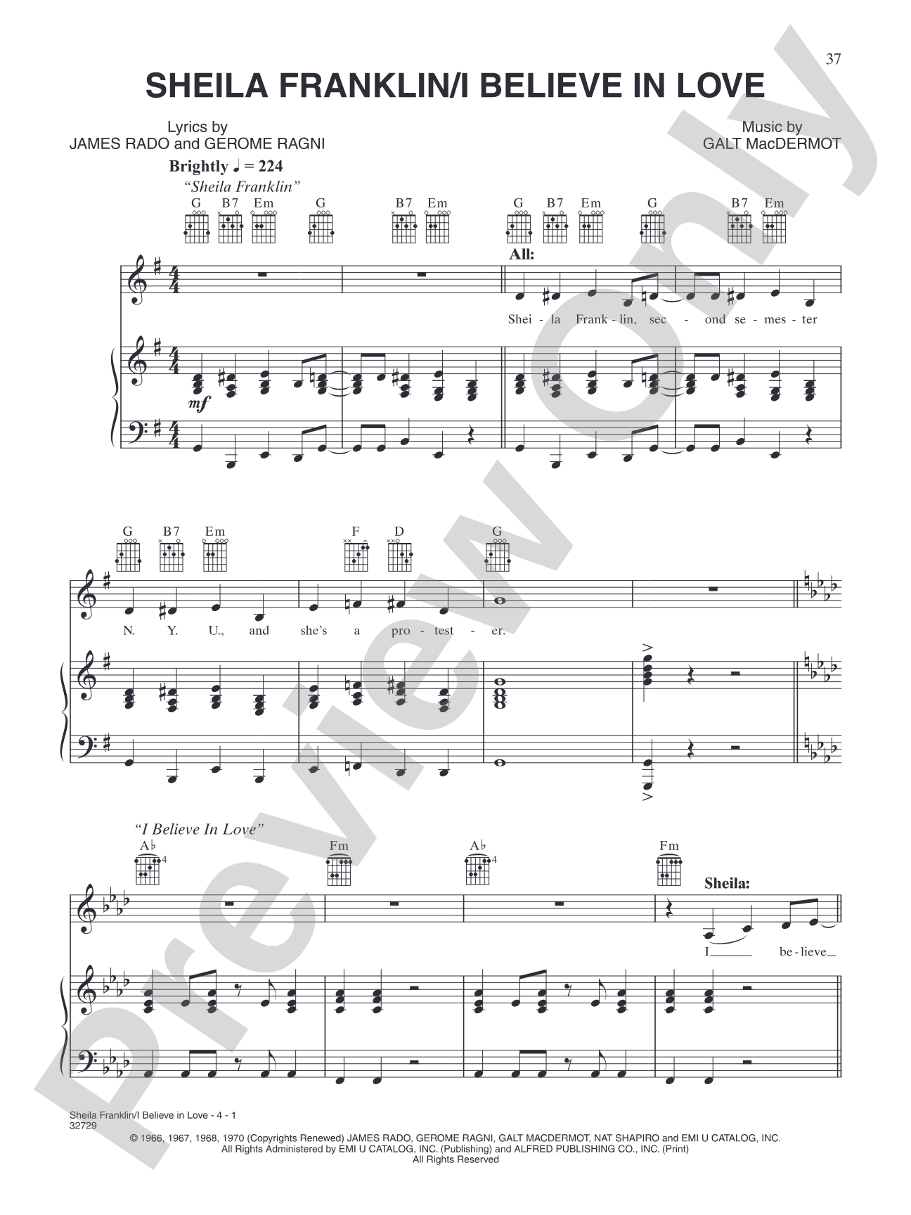 Sheila Franklin / I Believe in Love (from "Hair"): Piano/Vocal/Chords