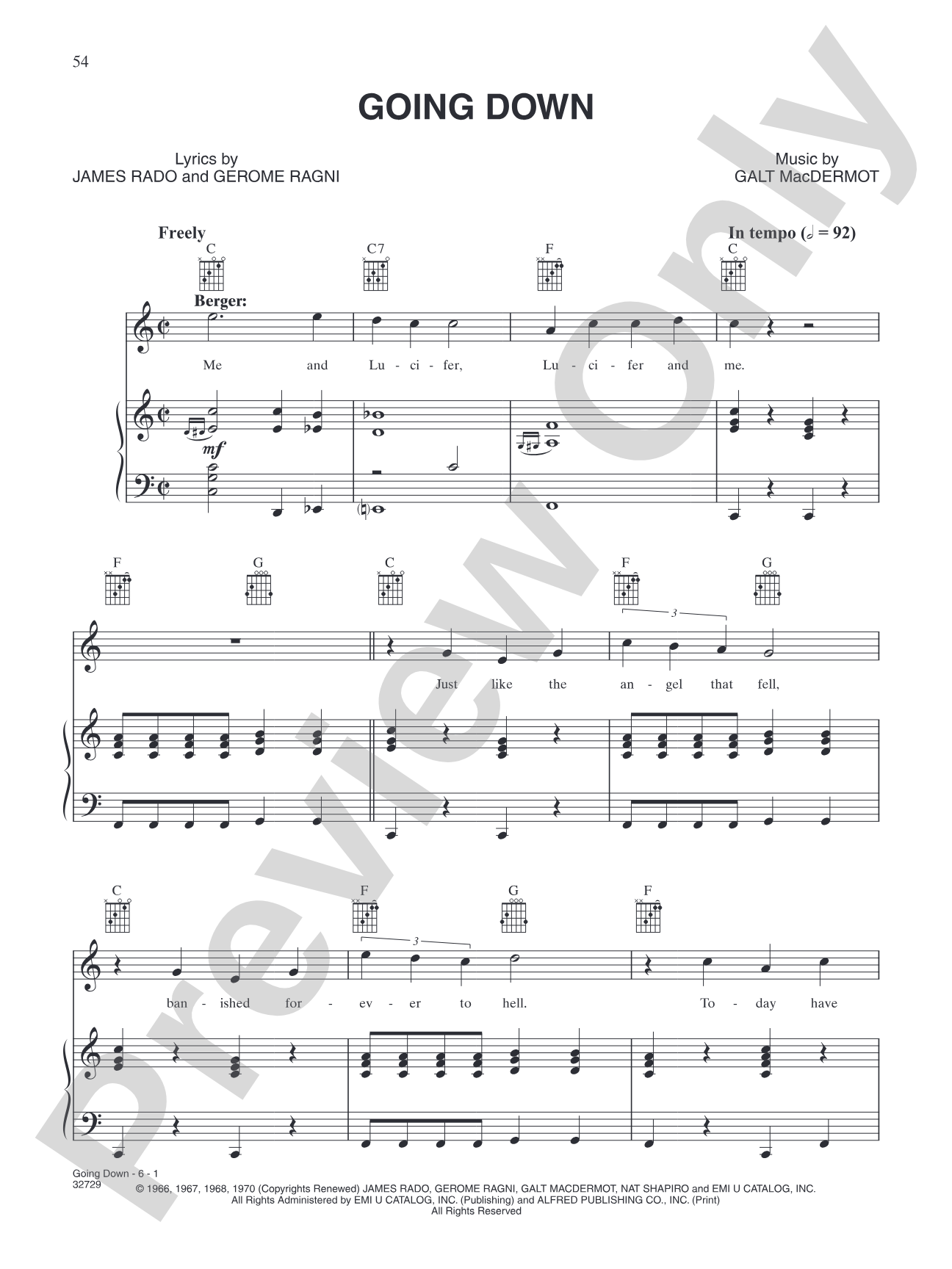 Going Down (from "Hair"): Piano/Vocal/Chords