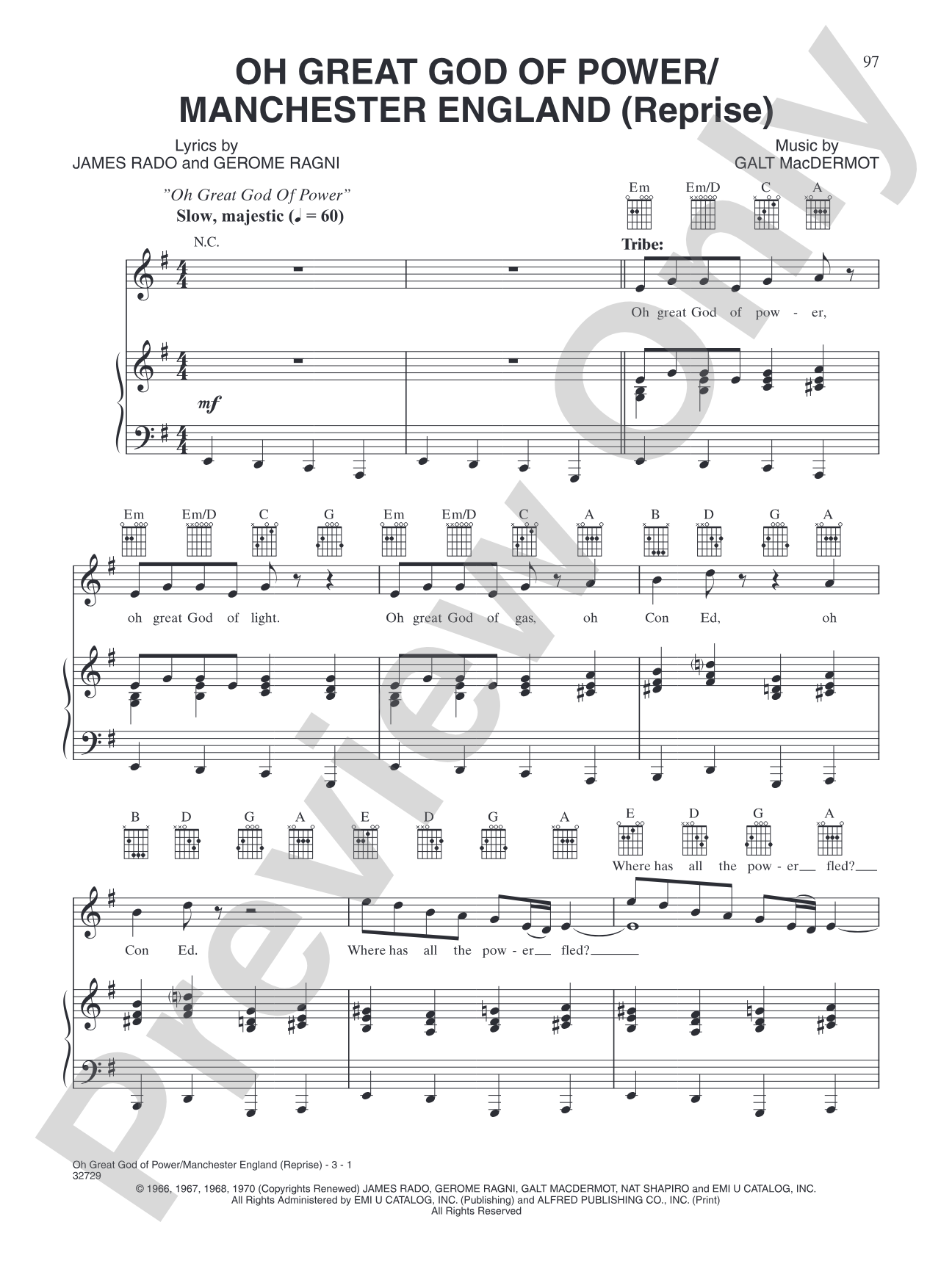 Oh Great God of Power / Manchester England (Reprise) (from "Hair"): Piano/Vocal/Chords