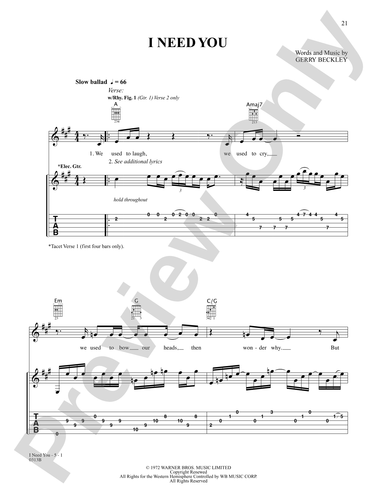 I Need You: Authentic Guitar TAB