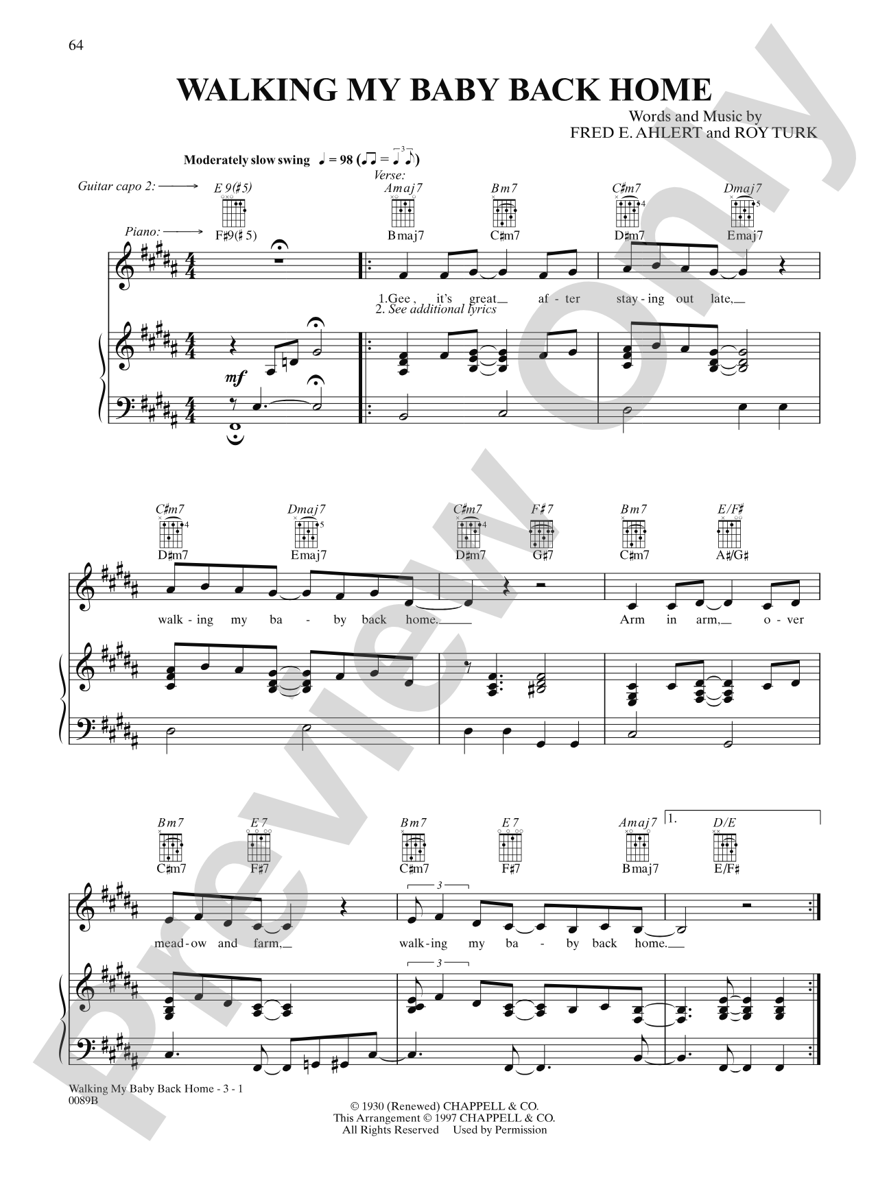 Walkin' My Baby Back Home: Piano/Vocal/Chords