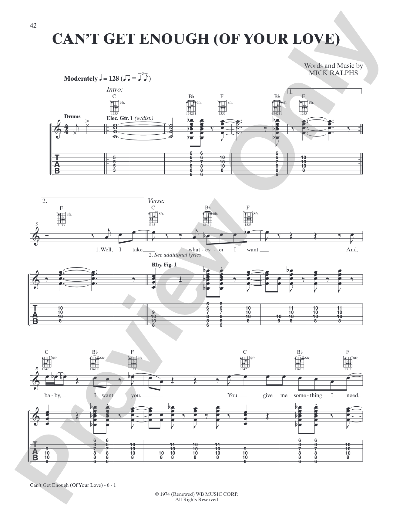 Can't Get Enough (of Your Love): Interm./Easy Guitar TAB