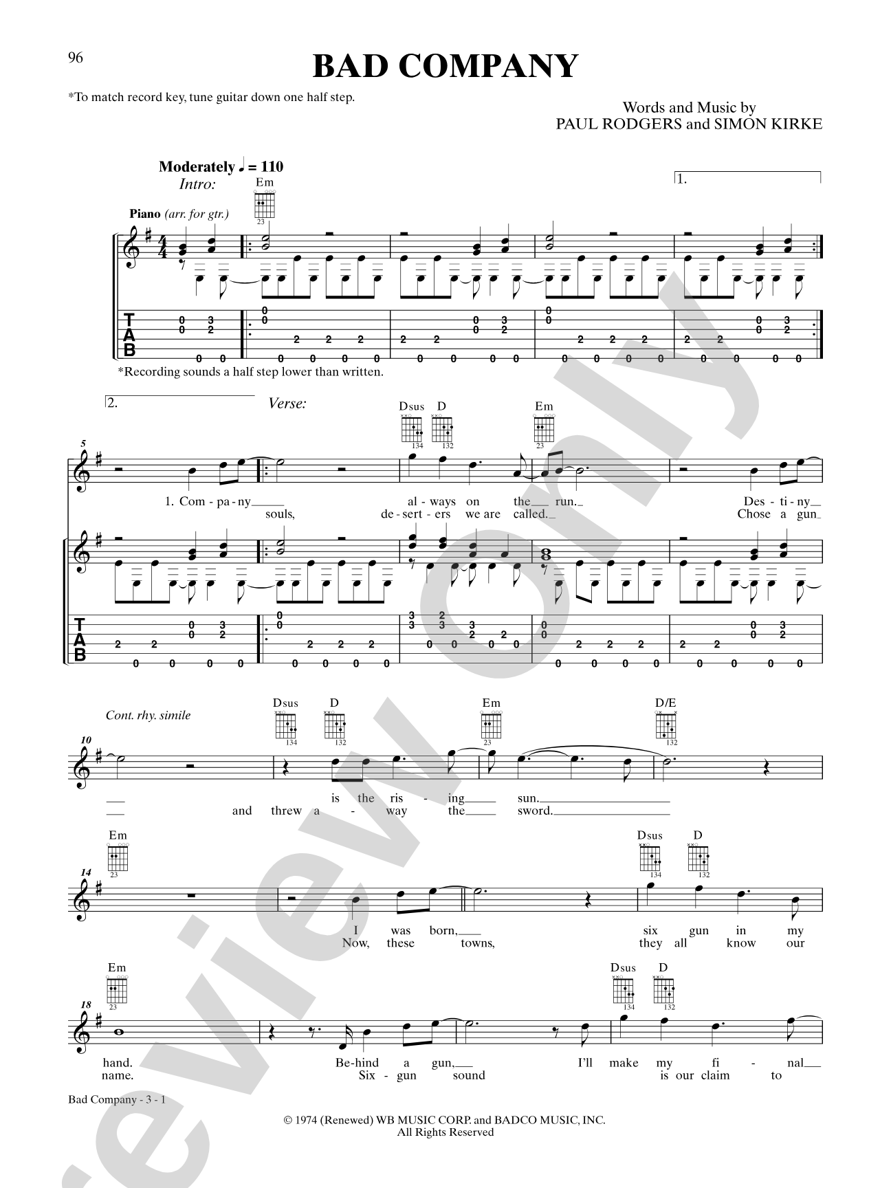Bad Company: Interm./Easy Guitar TAB