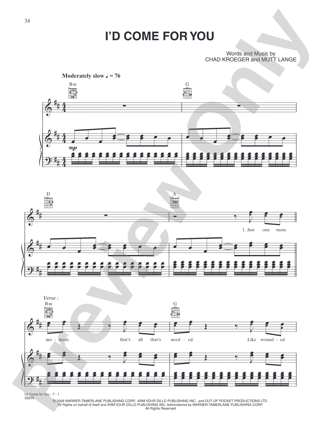 I'd Come for You: Piano/Vocal/Chords