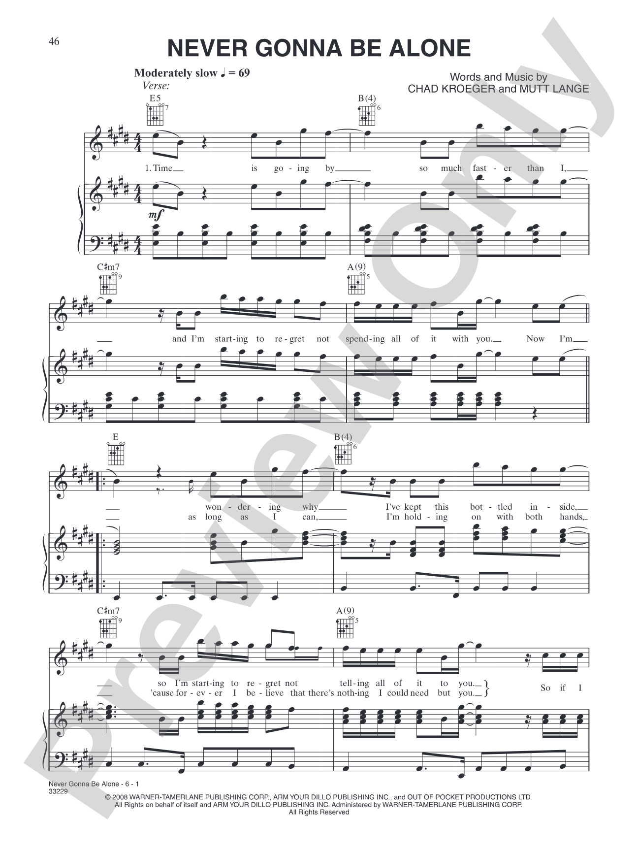 Never Gonna Be Alone: Piano/Vocal/Chords
