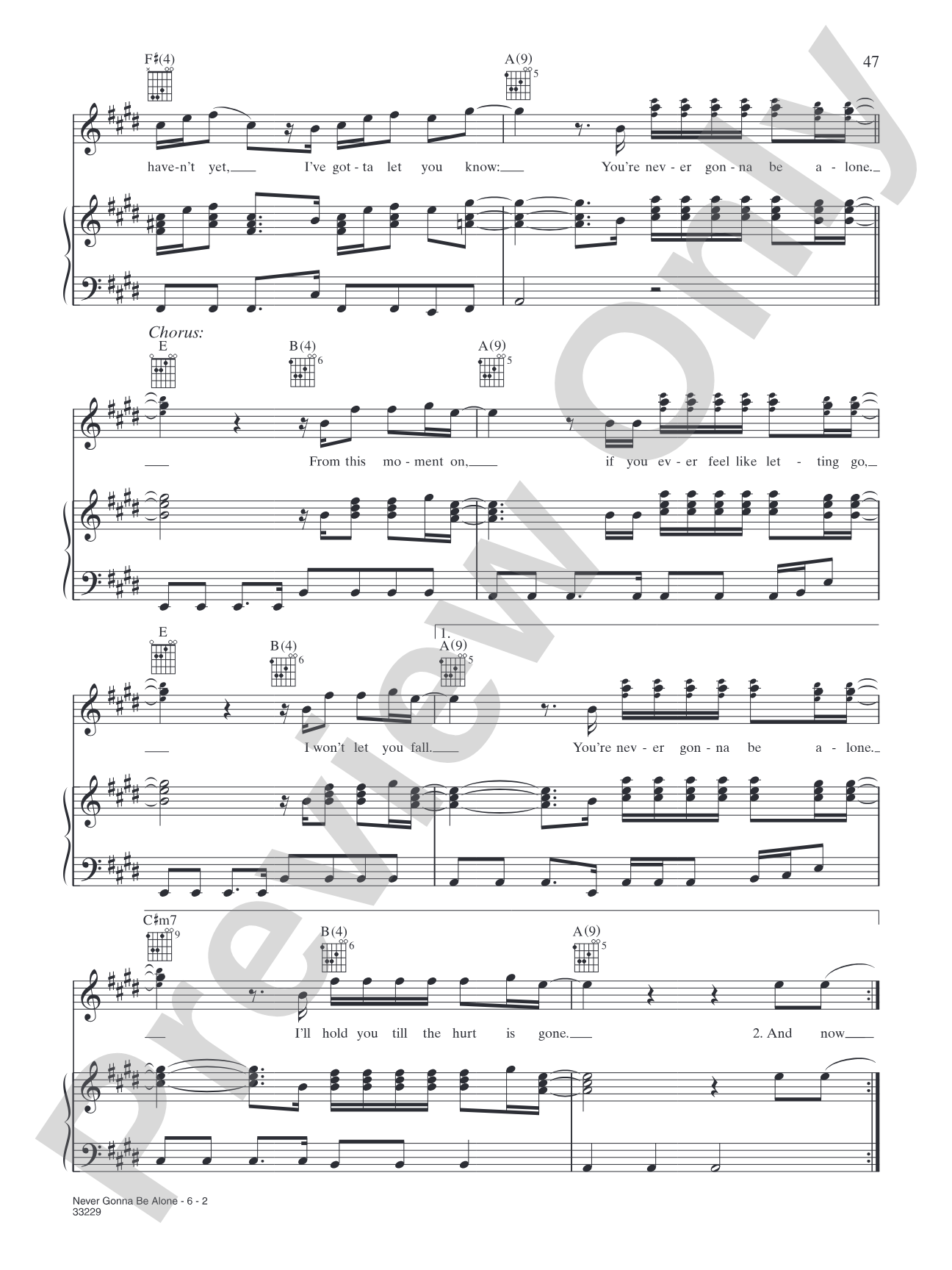 Never Gonna Be Alone: Piano/Vocal/Chords