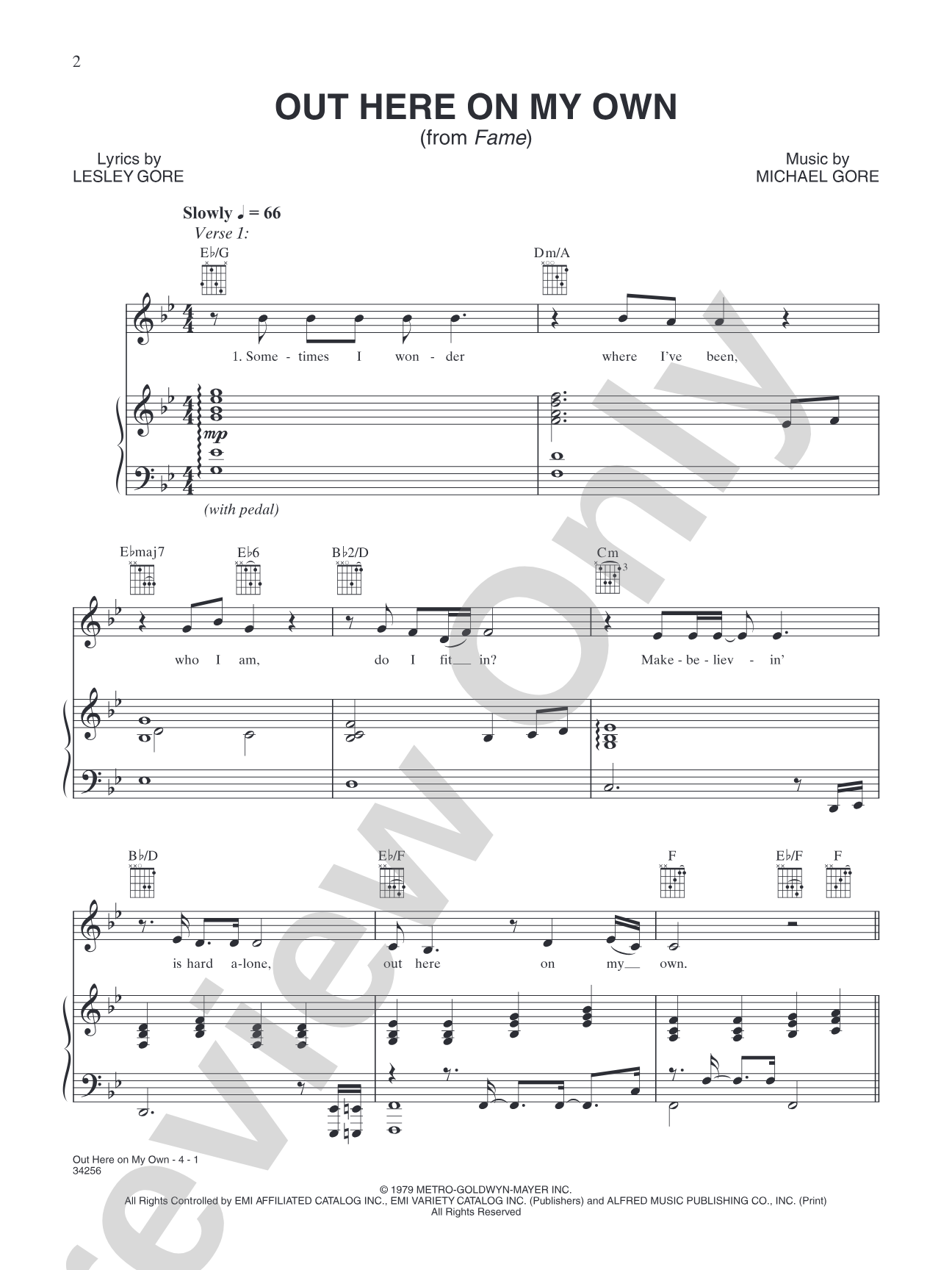 Out Here on My Own: Piano/Vocal/Chords