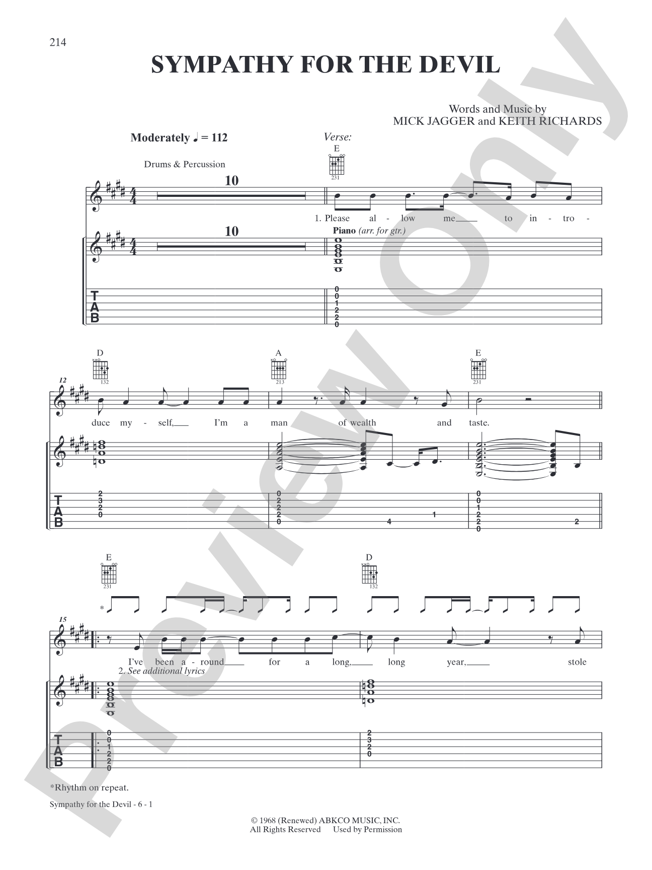 Sympathy for the Devil: Interm./Easy Guitar TAB