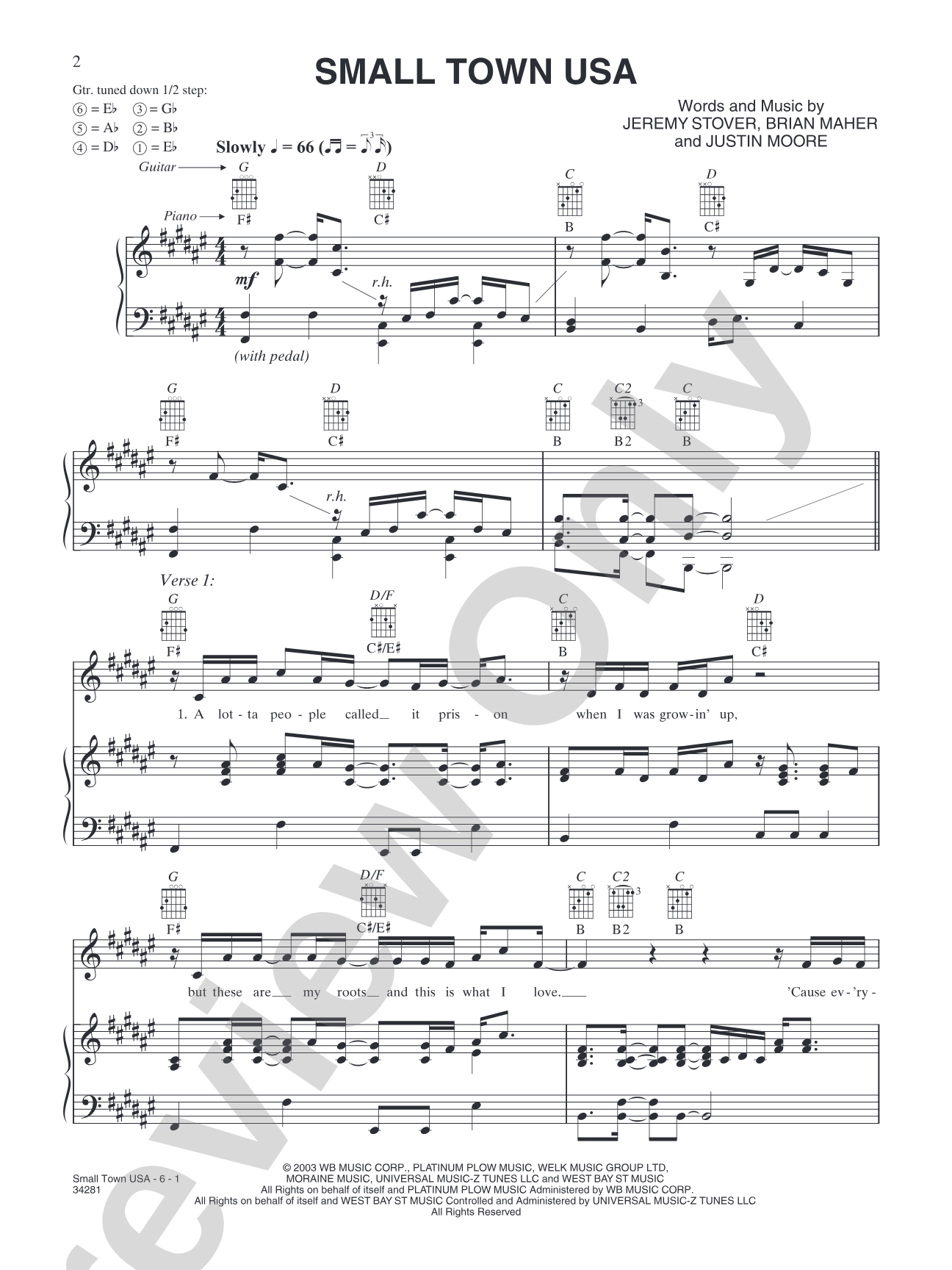 Small Town USA: piano/vocal/chords