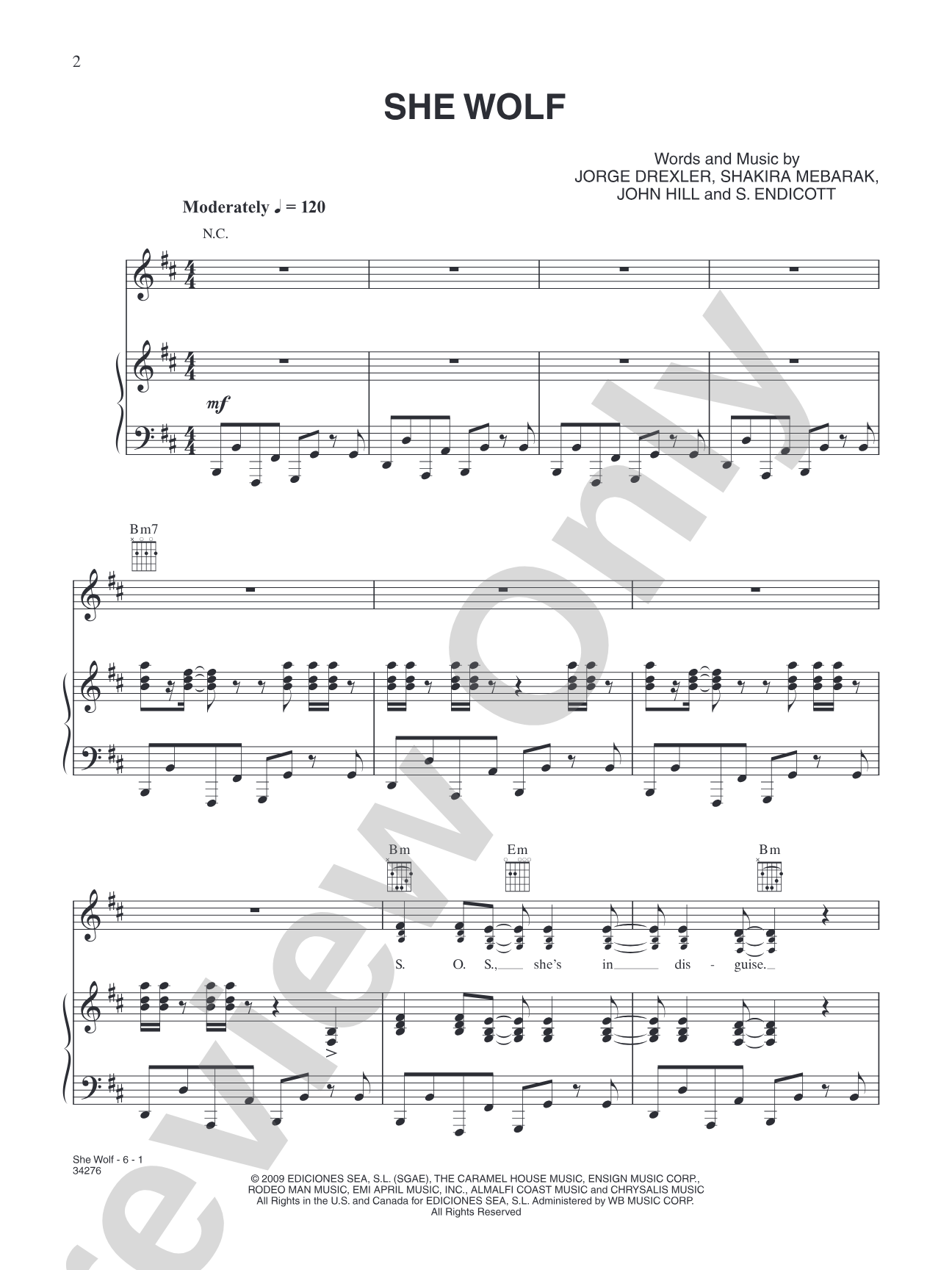 She Wolf: piano/vocal/chords