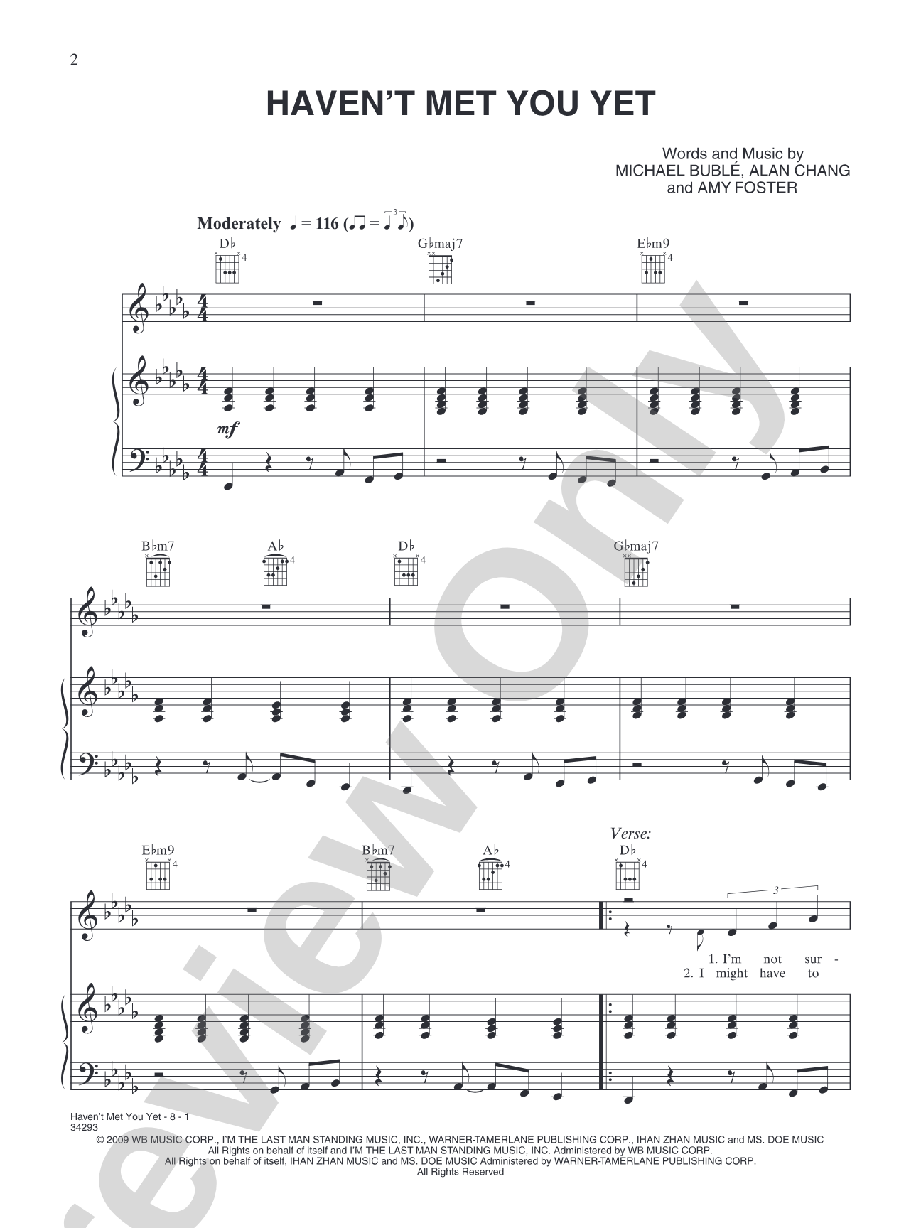 Haven't Met You Yet: Piano/Vocal/Chords