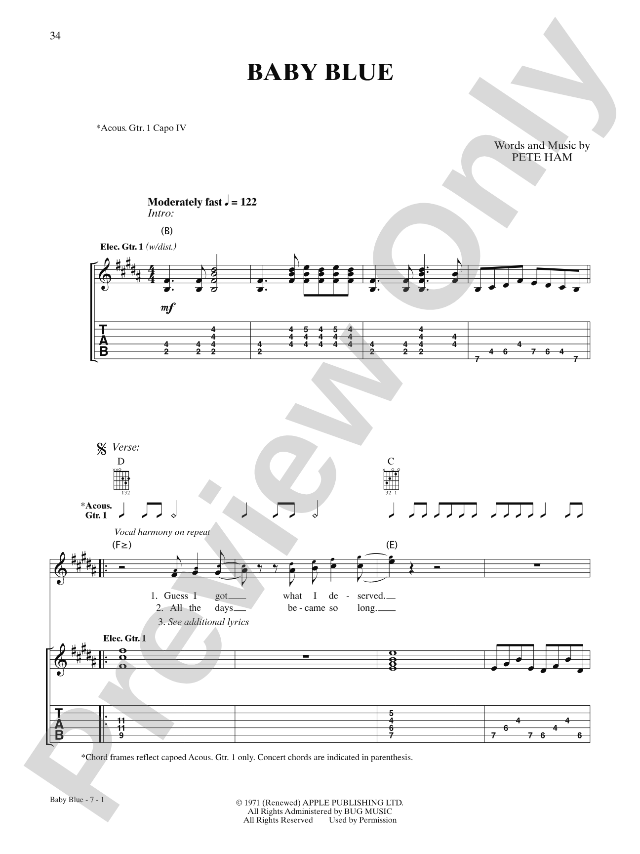 Baby Blue: Authentic Guitar TAB