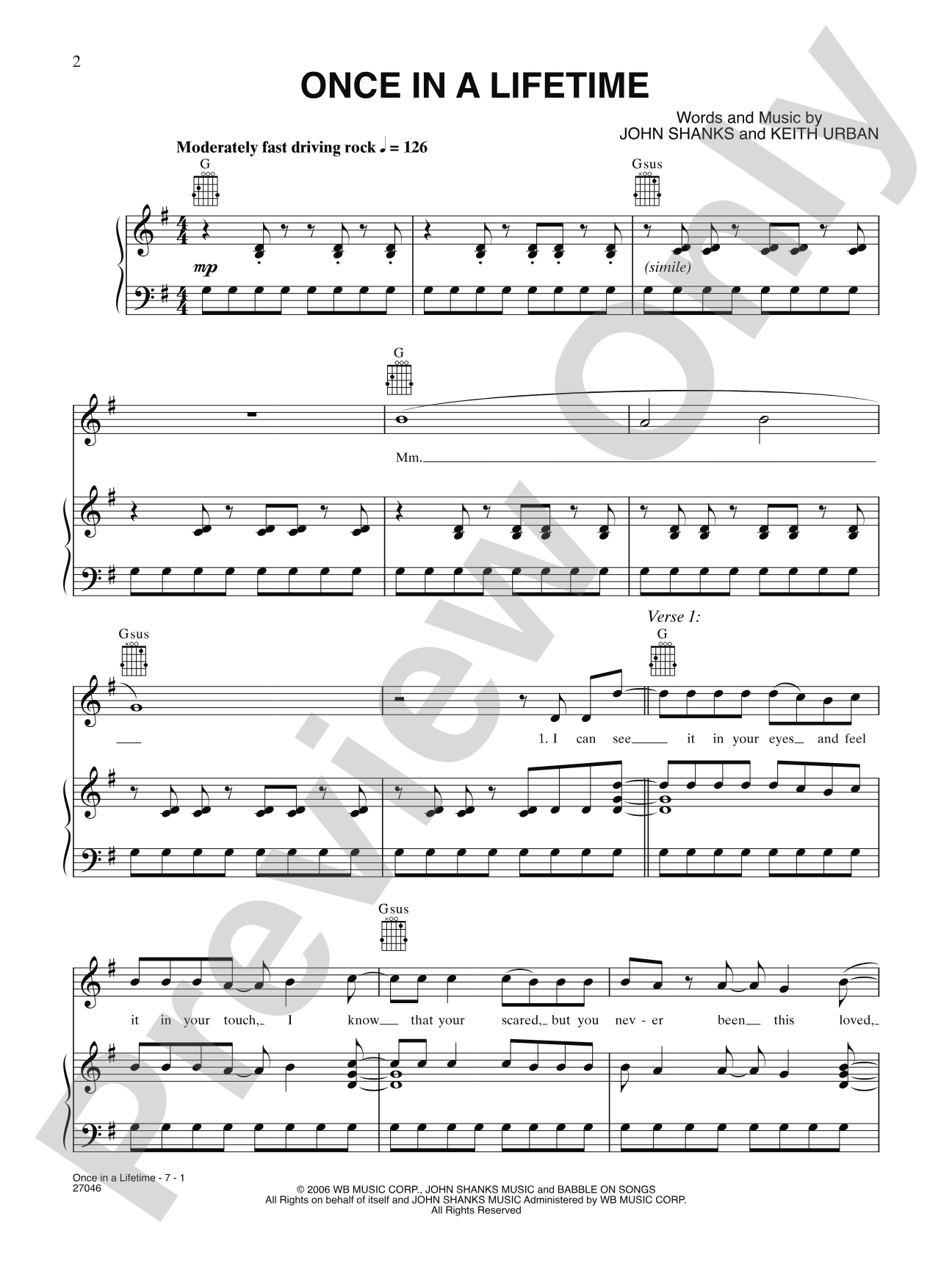 Once in a Lifetime: Piano/Vocal/Chords