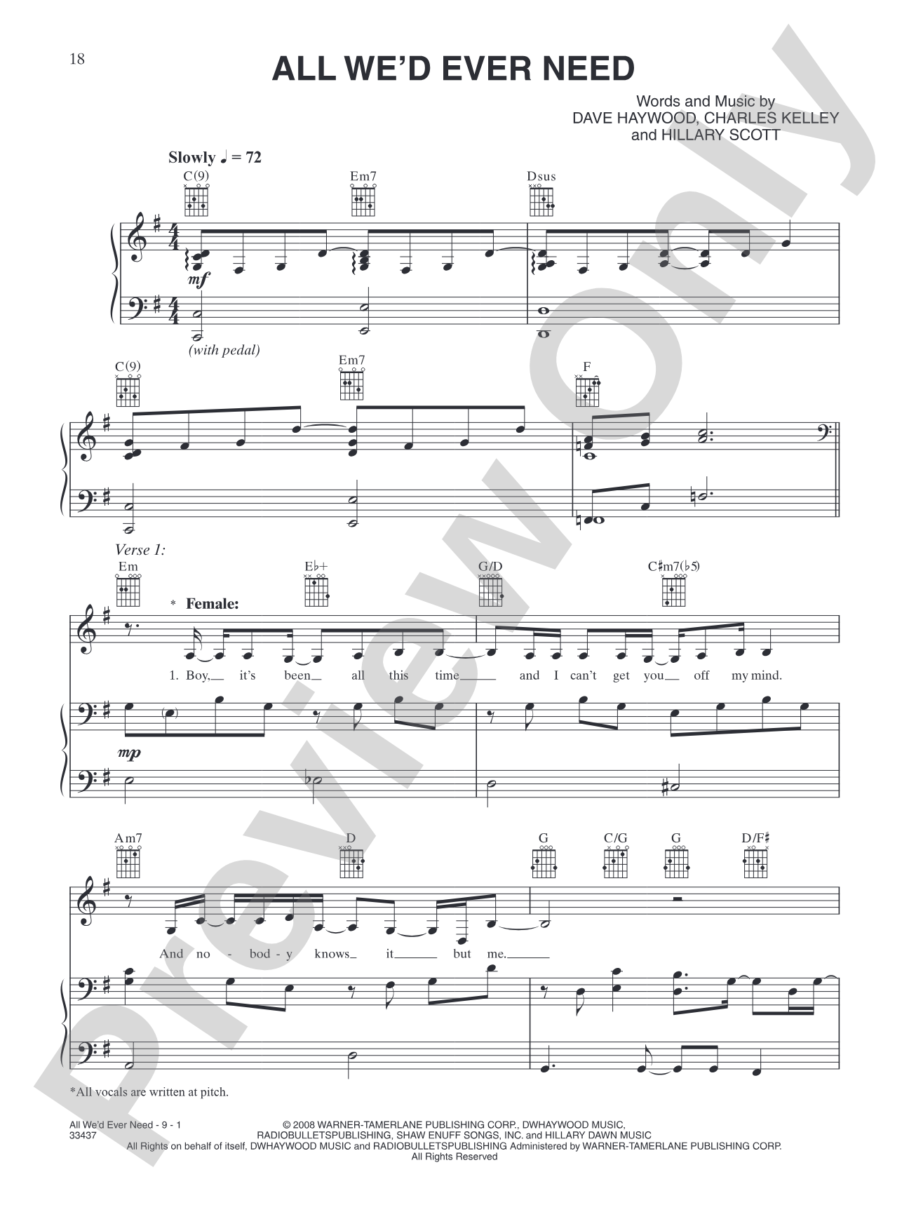 All We'd Ever Need: Piano/Vocal/Chords