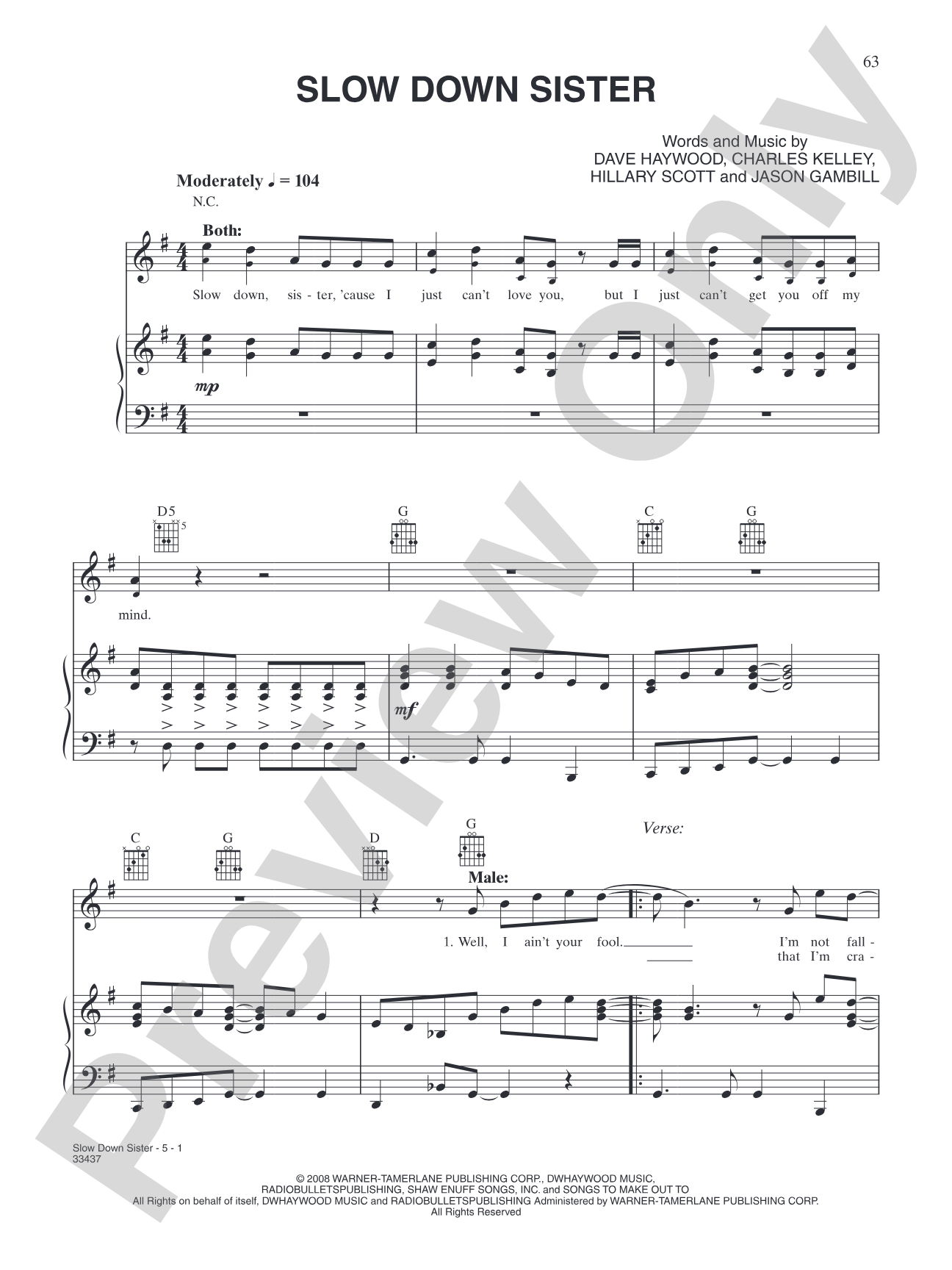 Slow Down Sister: Piano/Vocal/Chords