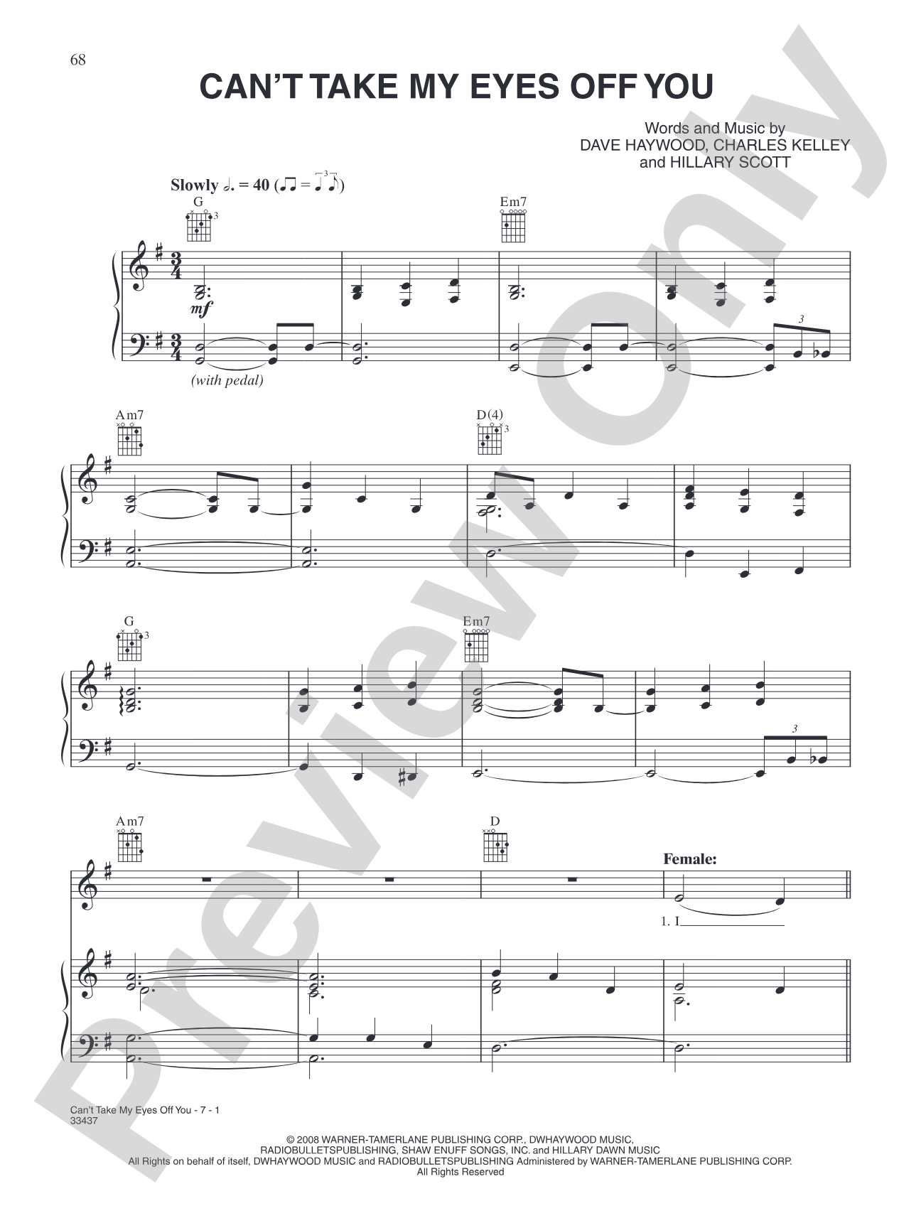 Can't Take My Eyes Off You: Piano/Vocal/Chords