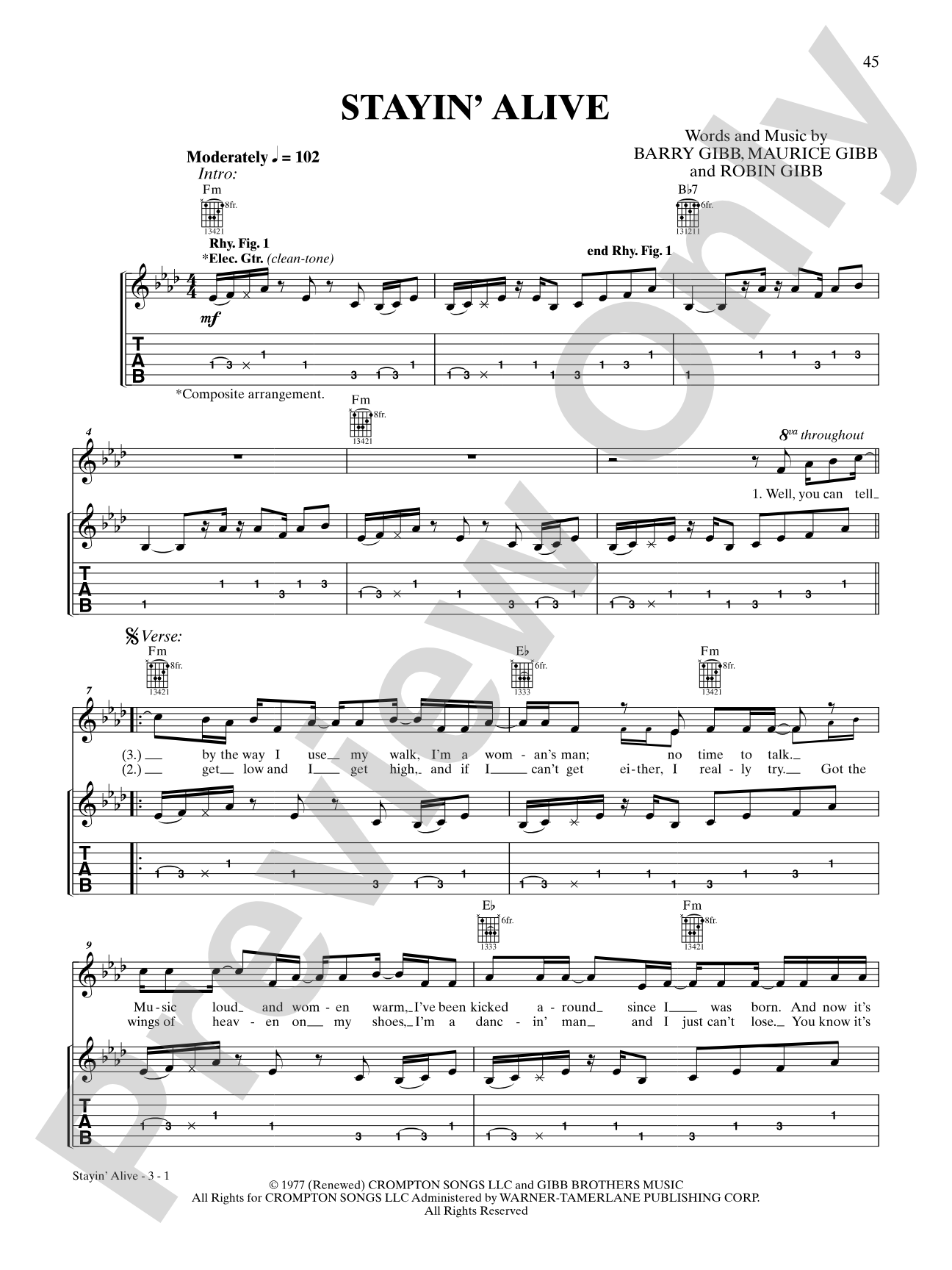 Stayin' Alive (from "Saturday Night Fever"): Interm./Easy Guitar TAB