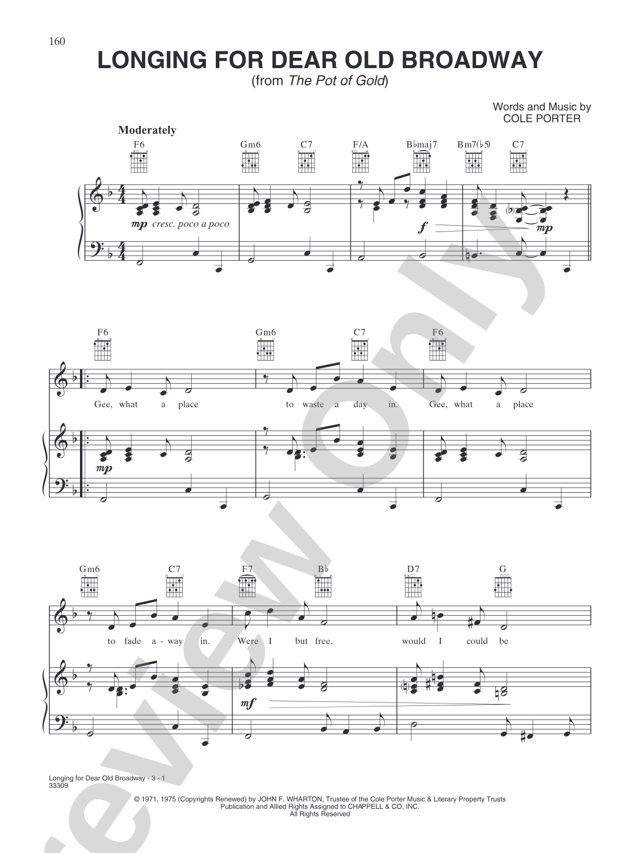 Longing for Dear Old Broadway (from "The Pot of Gold"): Piano/Vocal/Chords